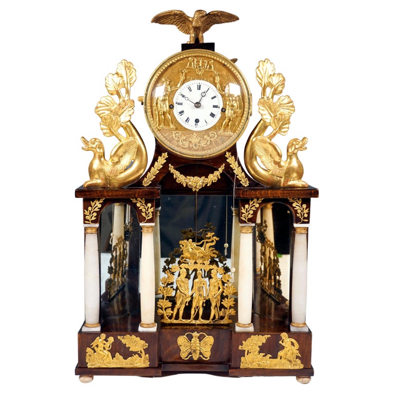 Large Vienna Empire Column Clock With Jacquart Automaton, Around 1820 For Sale