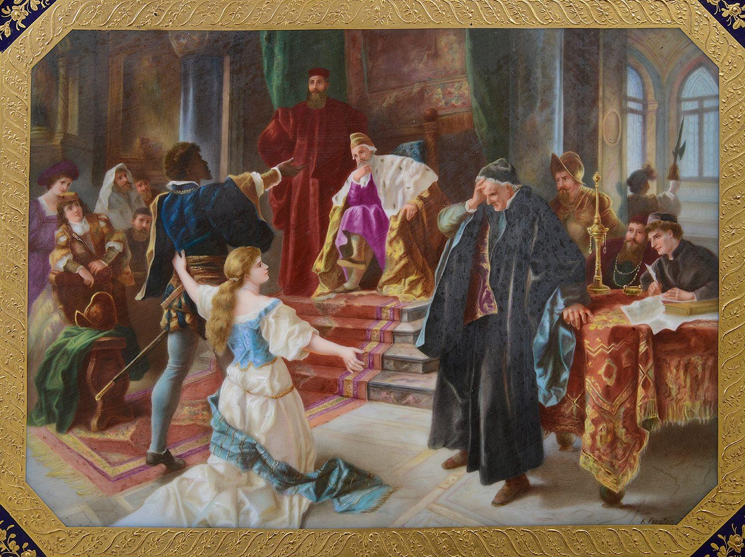This late 19th-century Vienna porcelain charger beautifully illustrates a pivotal scene from Shakespeare's 