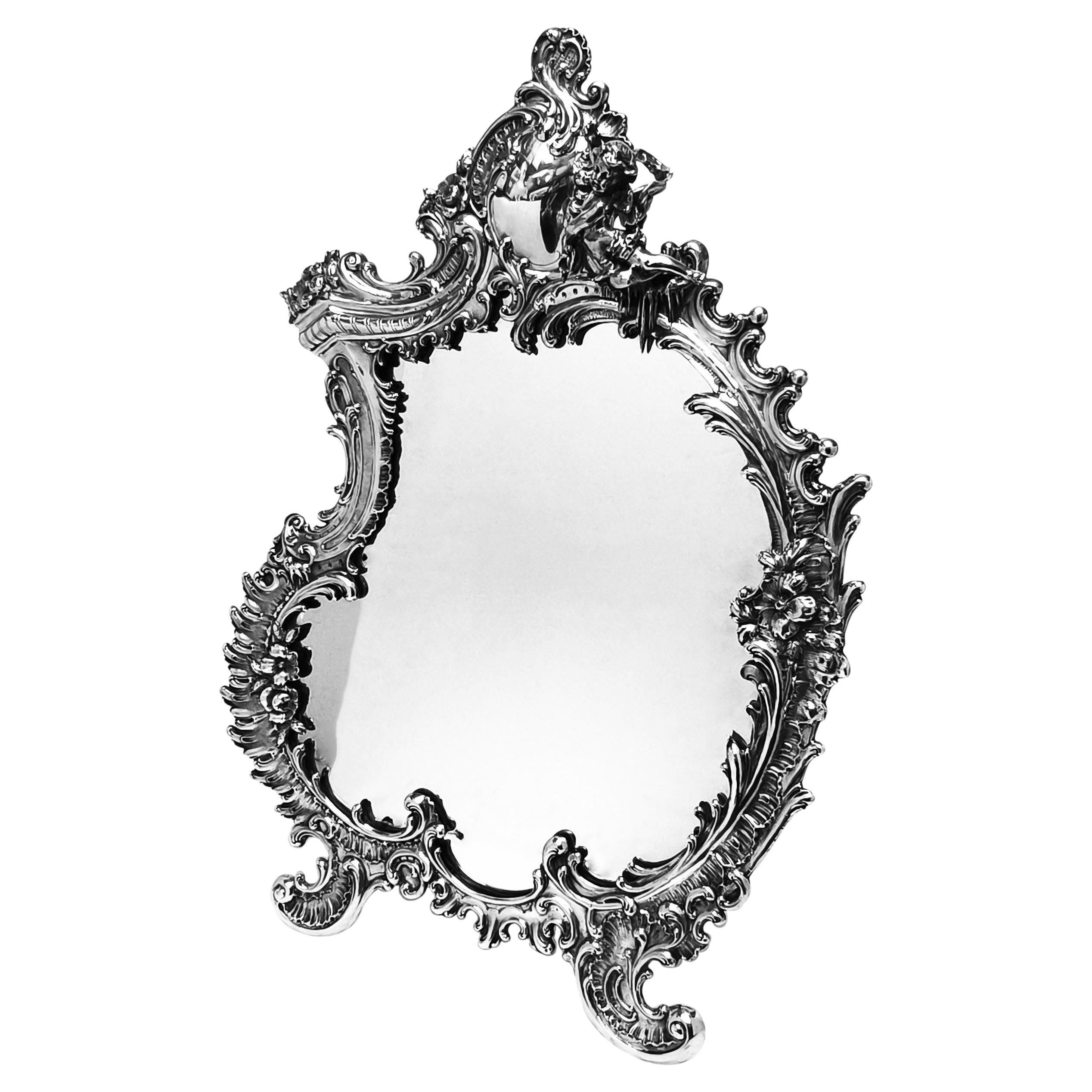 Gran espejo de mesa vienés de plata antigua de estilo rococó Austria c. 1890