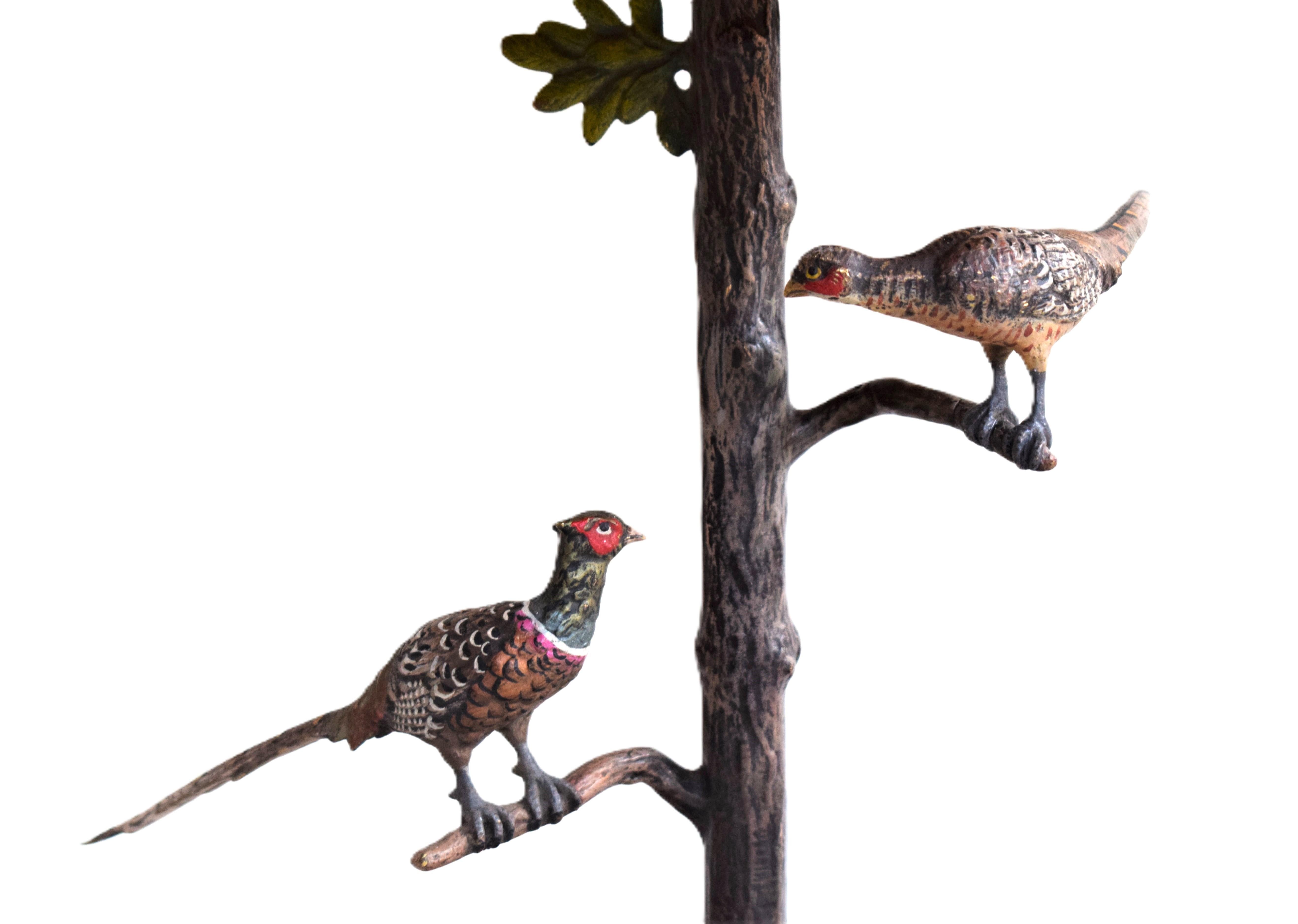 Art Nouveau Large Viennese Bronze Table Lamp; 2 pheasants For Sale