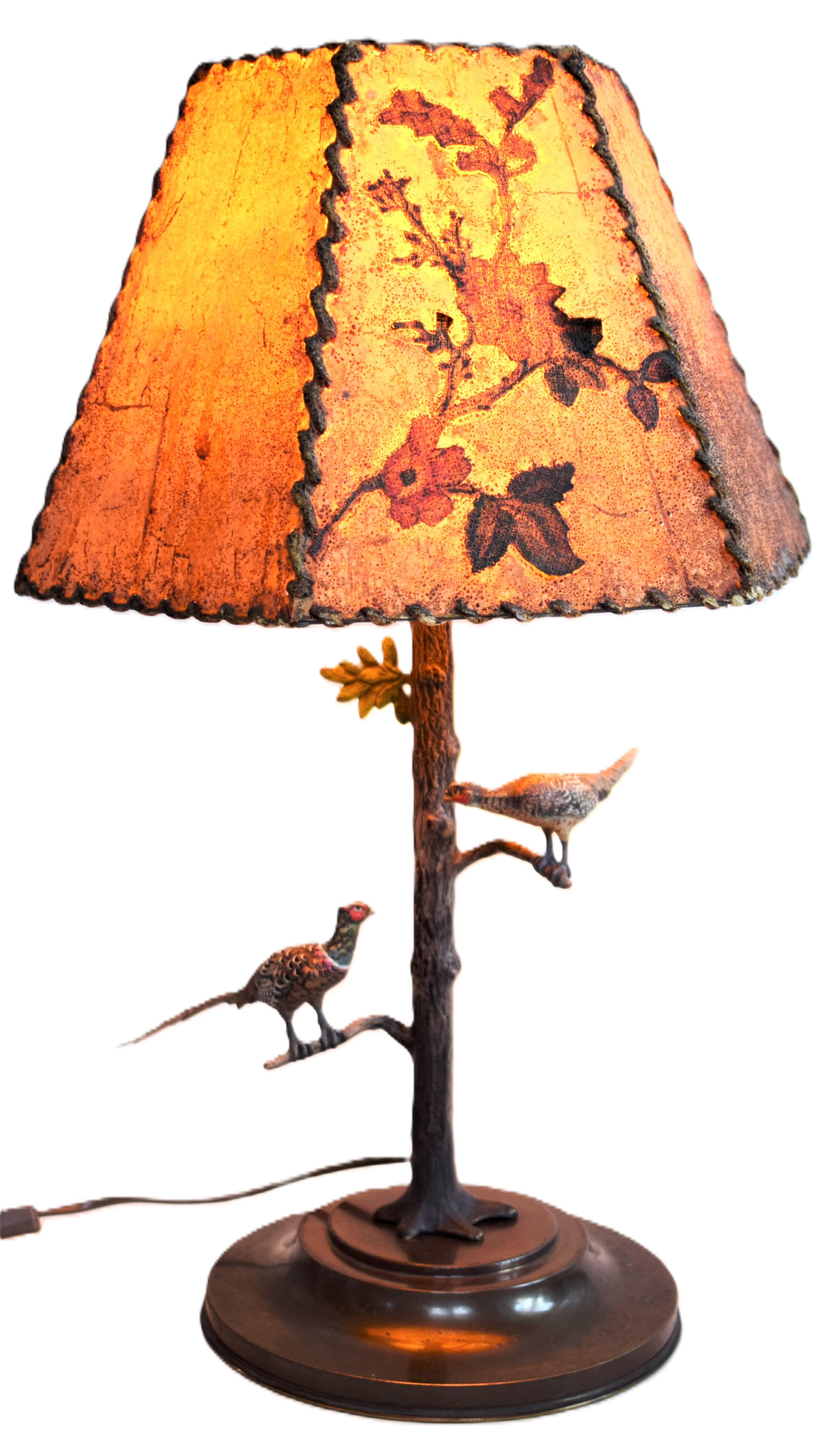 Austrian Large Viennese Bronze Table Lamp; 2 pheasants For Sale