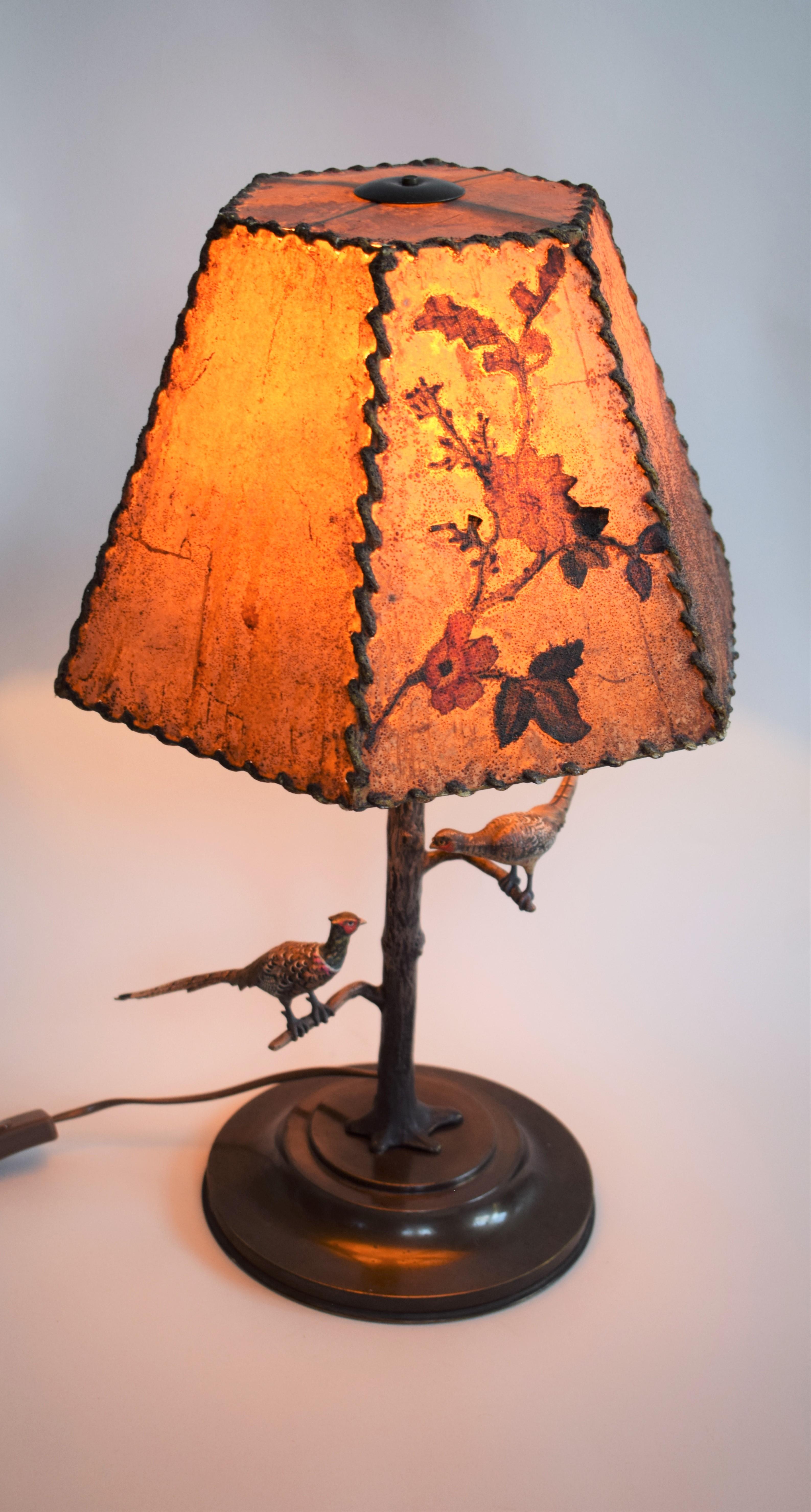 Hand-Crafted Large Viennese Bronze Table Lamp; 2 pheasants For Sale