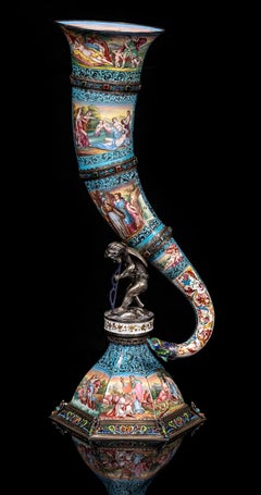 Large Viennese Silver Enamel & Jeweled Cornucopia w/ Mythological Panels