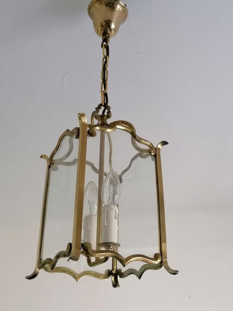 Lantern with painted steel and brass frame with four glasses and three E14 sockets vienna from the 1960's.
price per piece, up to 3 available.
 