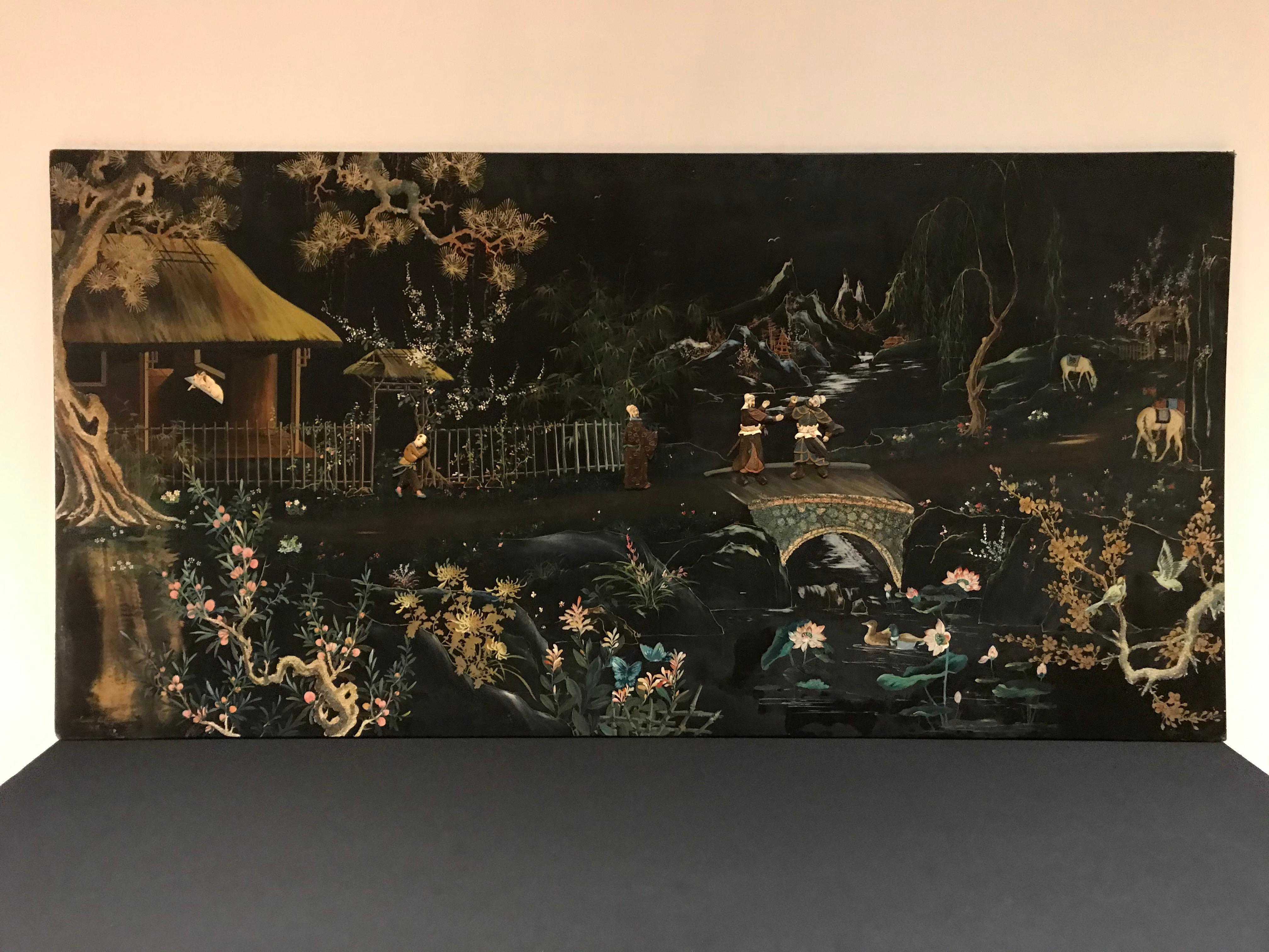 Black Lacquer Wall Panel, Chunli Quang V-N, 1960s, Vietnam For Sale 10