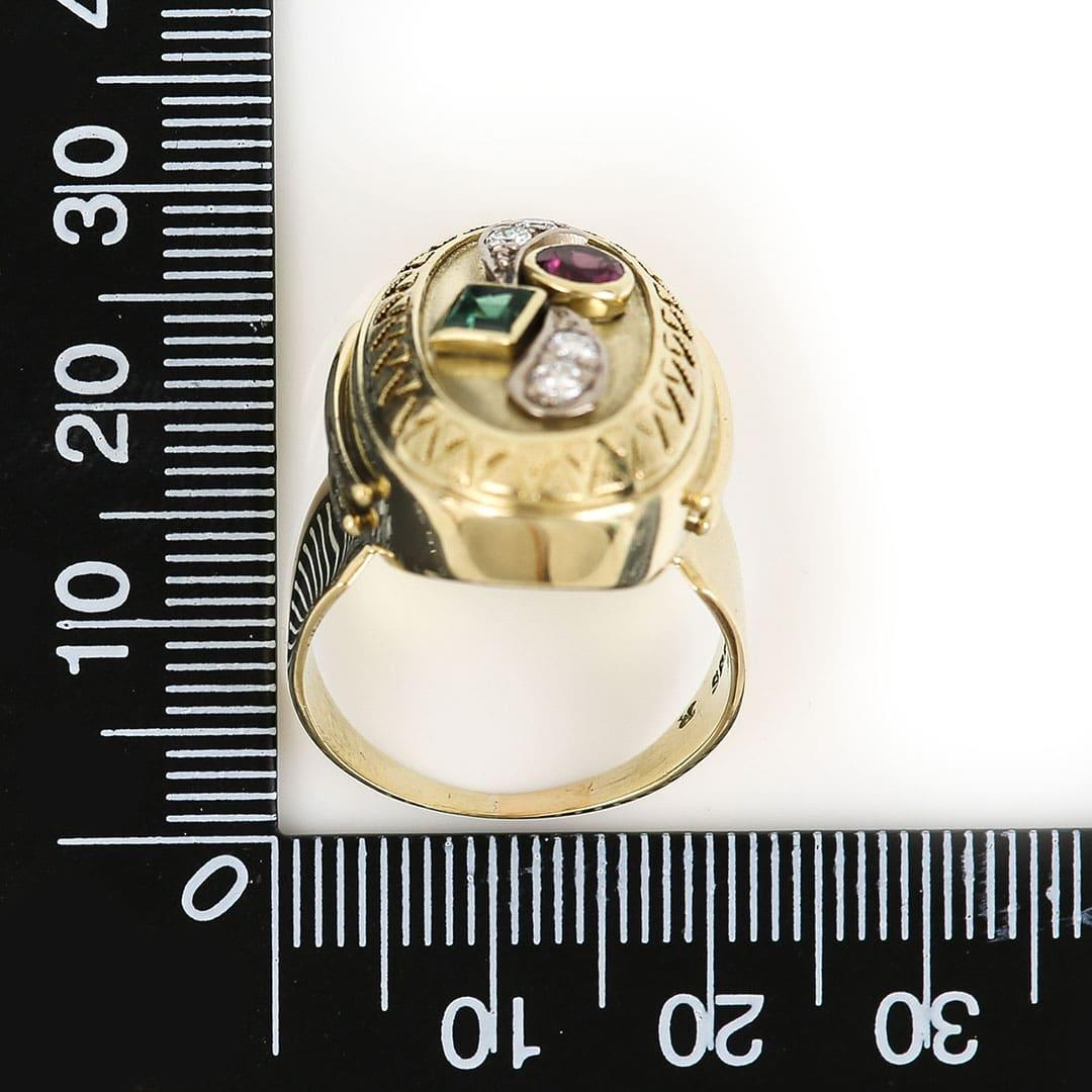 Large Vintage 14ct Yellow Gold Green and Pink Tourmaline and Diamond Dome Ring 7