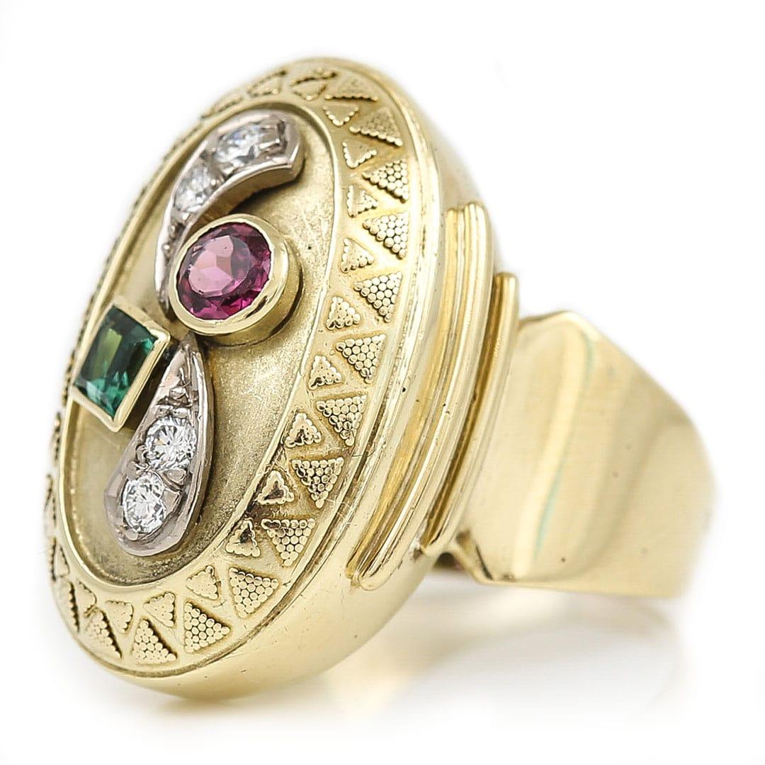 Retro Large Vintage 14ct Yellow Gold Green and Pink Tourmaline and Diamond Dome Ring