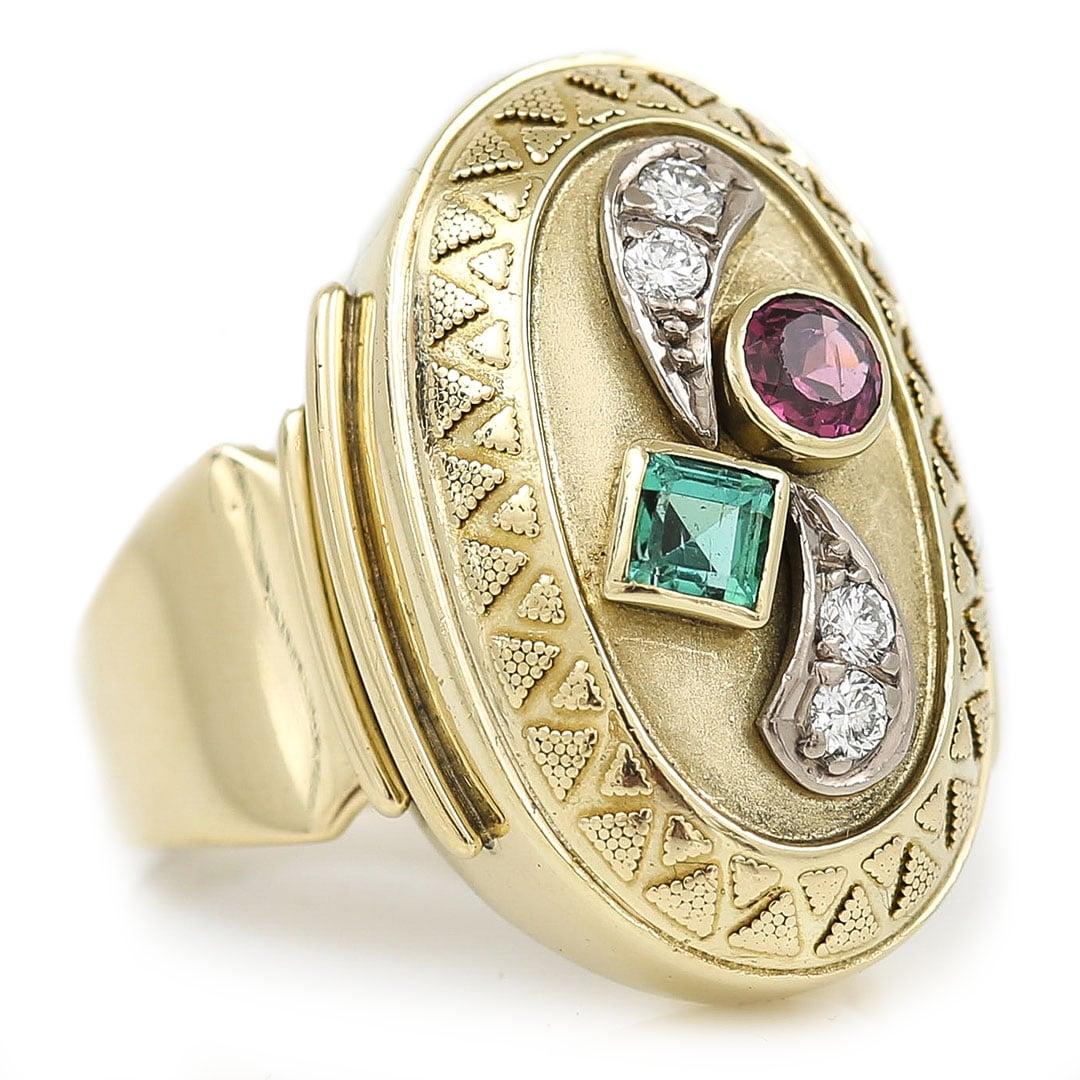 Large Vintage 14ct Yellow Gold Green and Pink Tourmaline and Diamond Dome Ring In Good Condition In Lancashire, Oldham