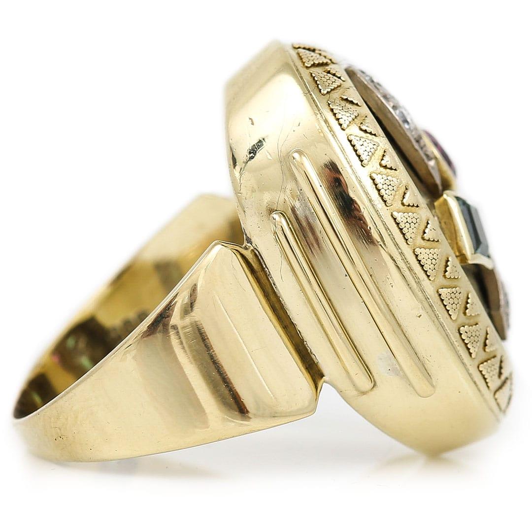 Großer Kuppelring aus 14 Karat Gelbgold mit grünem und rosa Turmalin und Diamant 1
