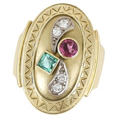 Large Vintage 14ct Yellow Gold Green and Pink Tourmaline and Diamond Dome Ring