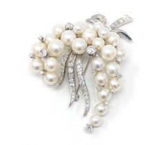 Large Vintage 14k Akoya Pearl & Diamond Brooch Pin Floral Spray Solid White Gold