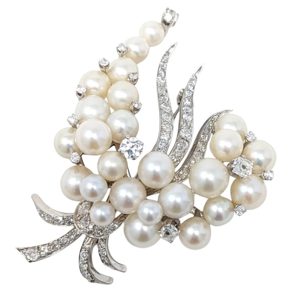 Large Vintage 14k Akoya Pearl & Diamond Brooch Pin Floral Spray Solid White Gold