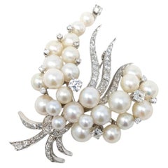 Gran broche vintage de perlas Akoya y diamantes de 14k Espray floral Oro blanco macizo