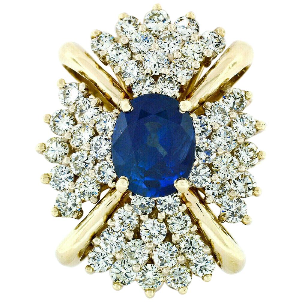 Large Vintage 14k Gold 6.24ctw GIA Oval Ceylon Sapphire & Diamond Cocktail Ring