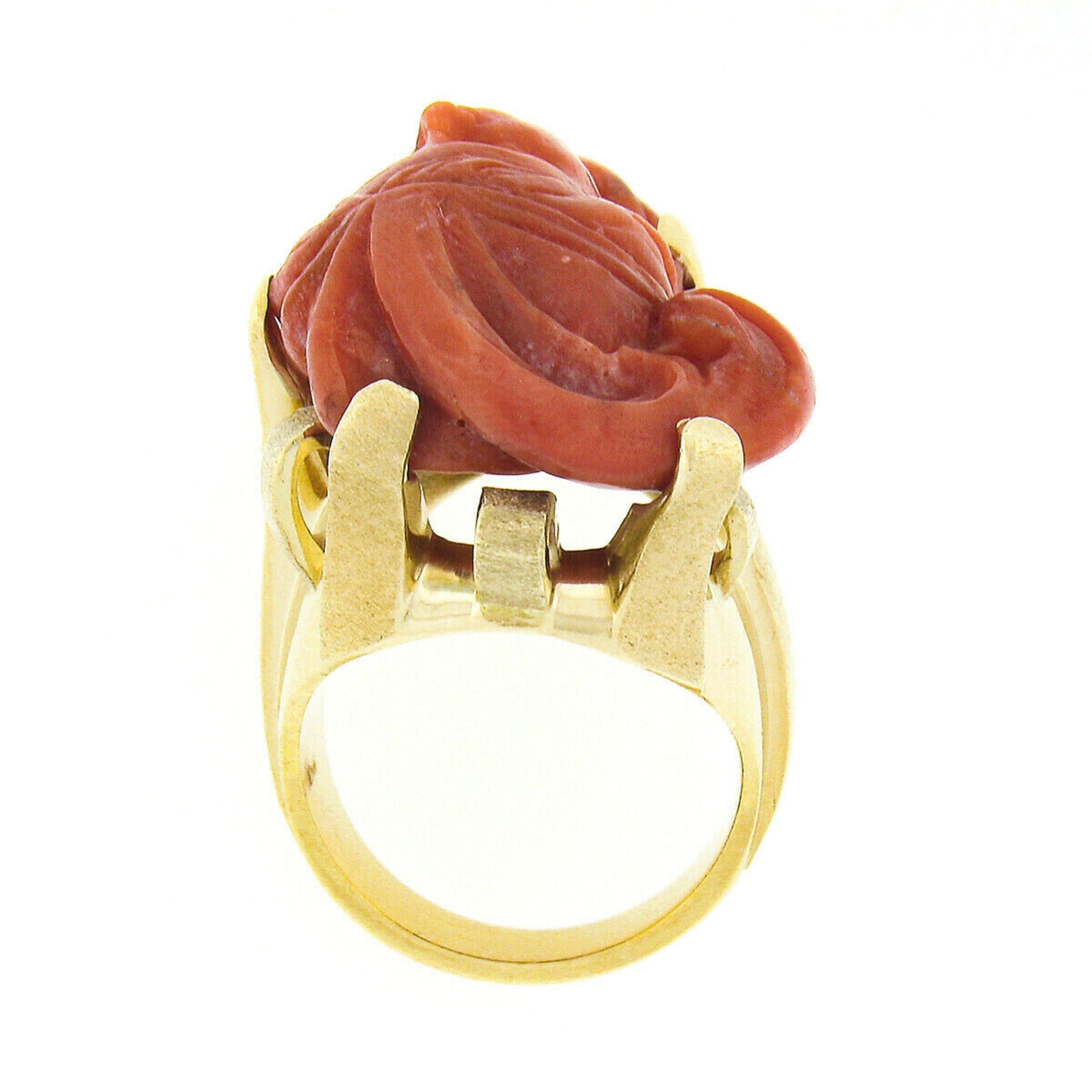 Portrait Cut Large Vintage 14k Gold GIA No Dye Coral Carved Lady's Face Cameo Statement Ring For Sale