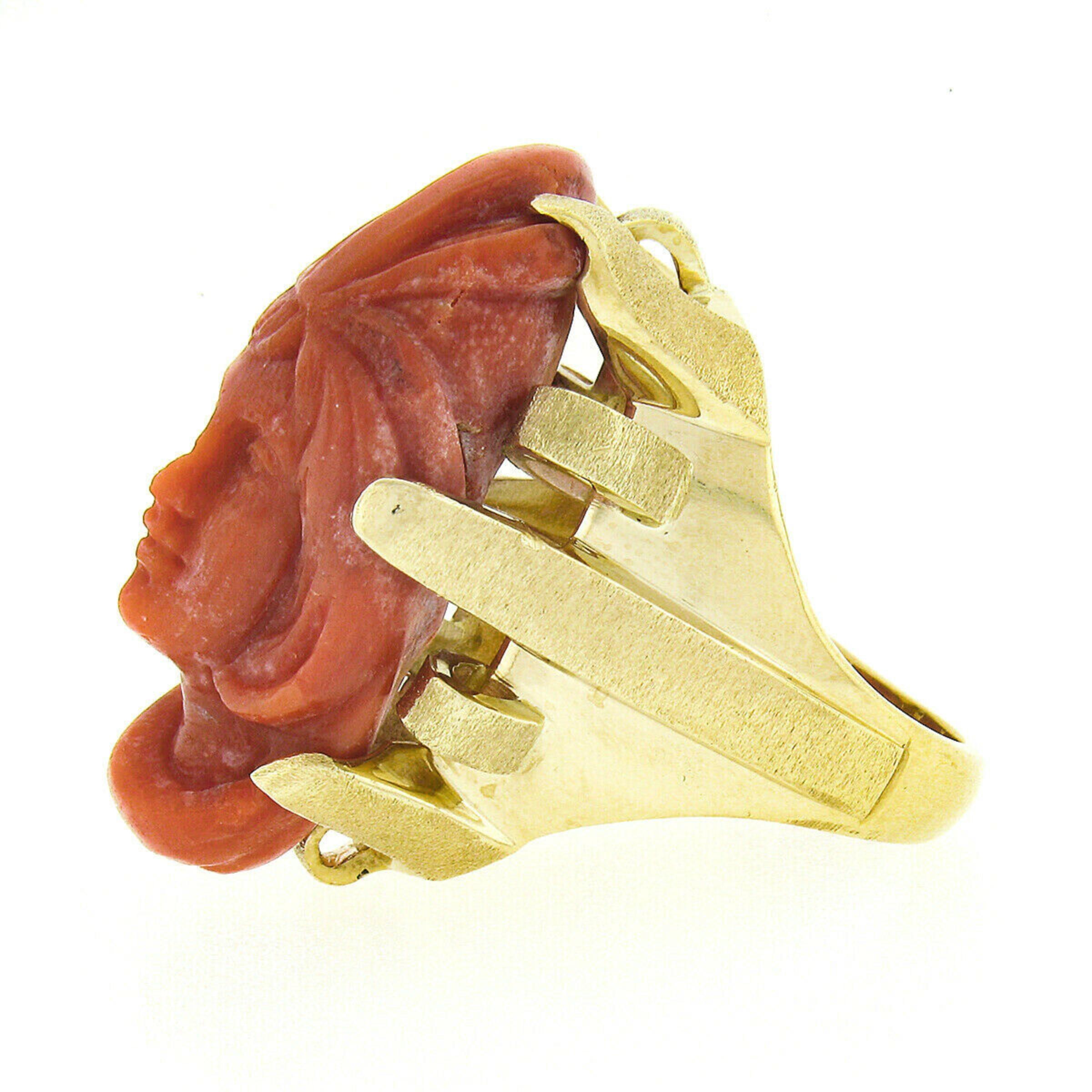Large Vintage 14k Gold GIA No Dye Coral Carved Lady's Face Cameo Statement Ring In Good Condition For Sale In Montclair, NJ