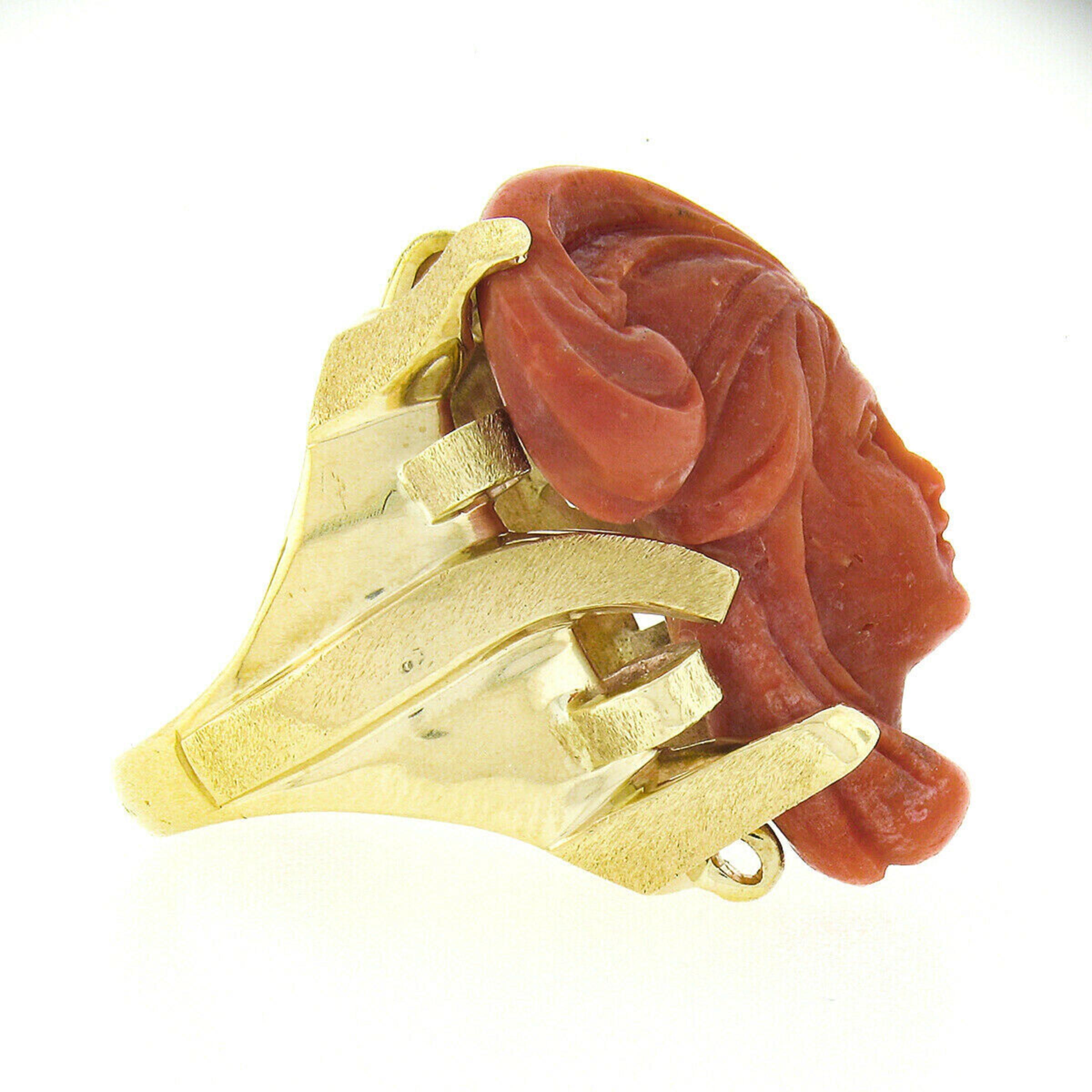 Großer großer Vintage 14k Gold GIA nicht gefärbt Koralle geschnitzt Damen Gesicht Kamee Statement-Ring im Angebot 4