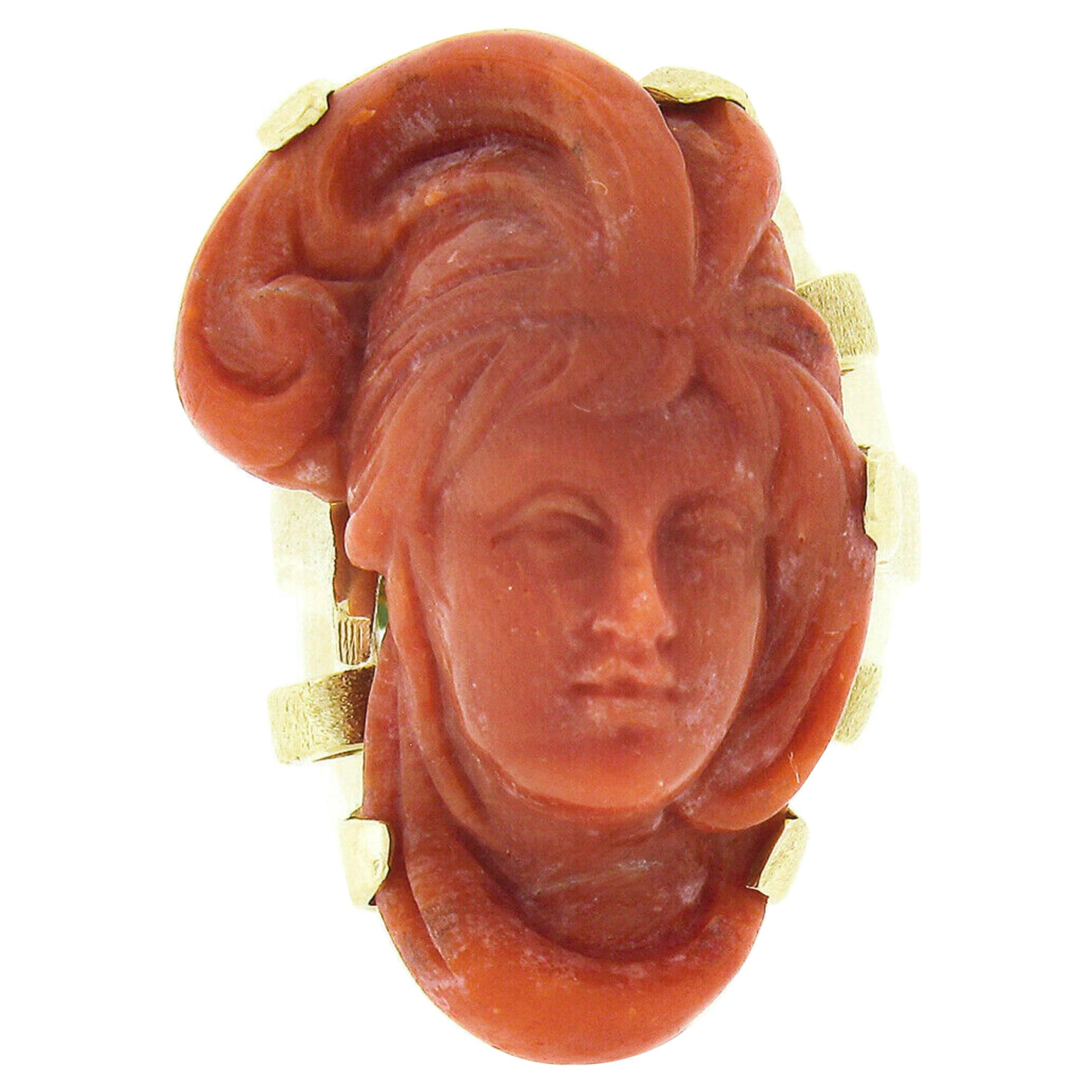 Grande bague fantaisie vintage en or 14 carats avec camée visage de femme sculpté en corail non teinté, certifié GIA