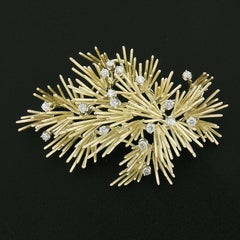 Large Vintage 14K Gold Round Prong Diamond Handmade Wire Spray Branch Brooch Pin