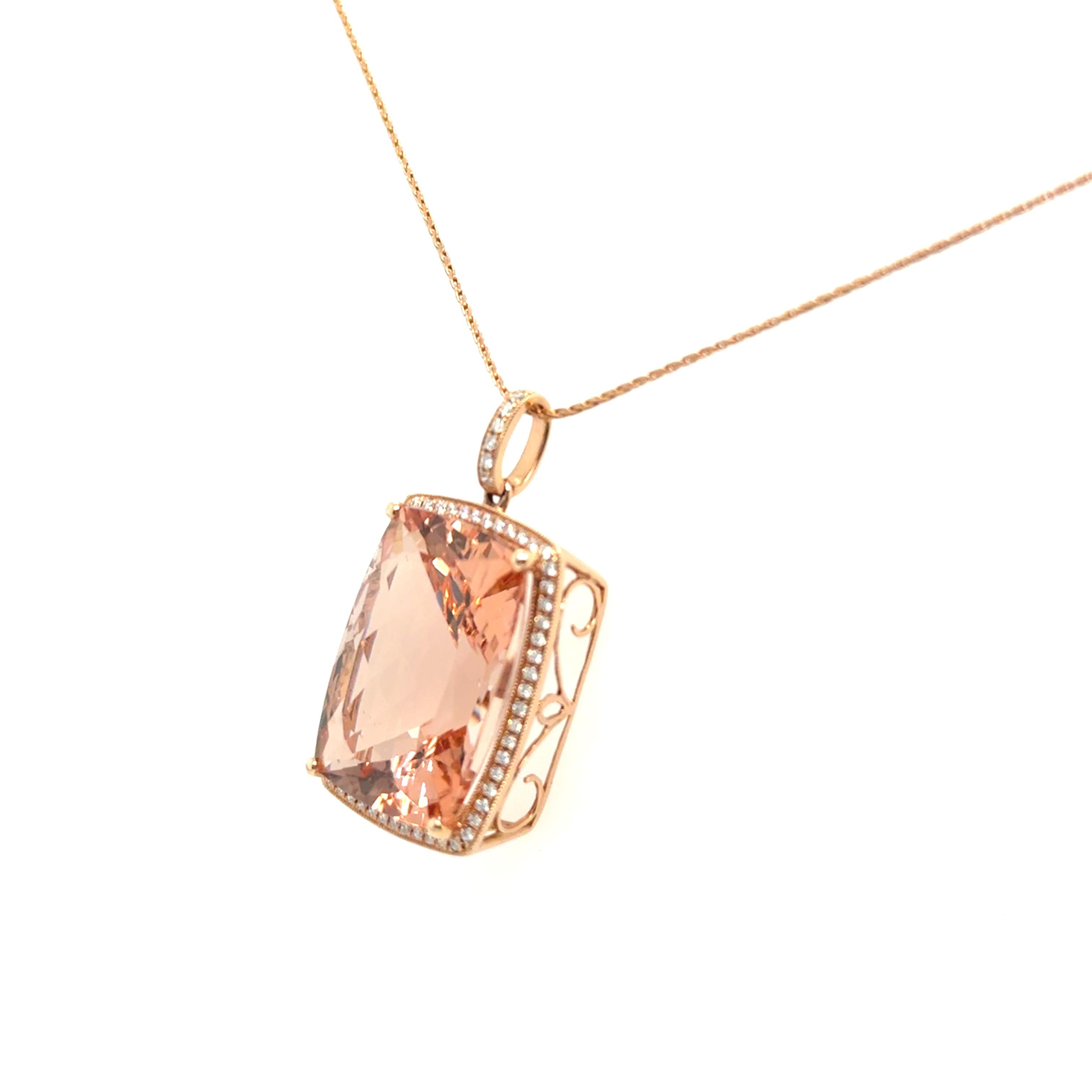 Modern Large Vintage 14K Rose Gold Morganite and Diamond Pendant with Chain. For Sale