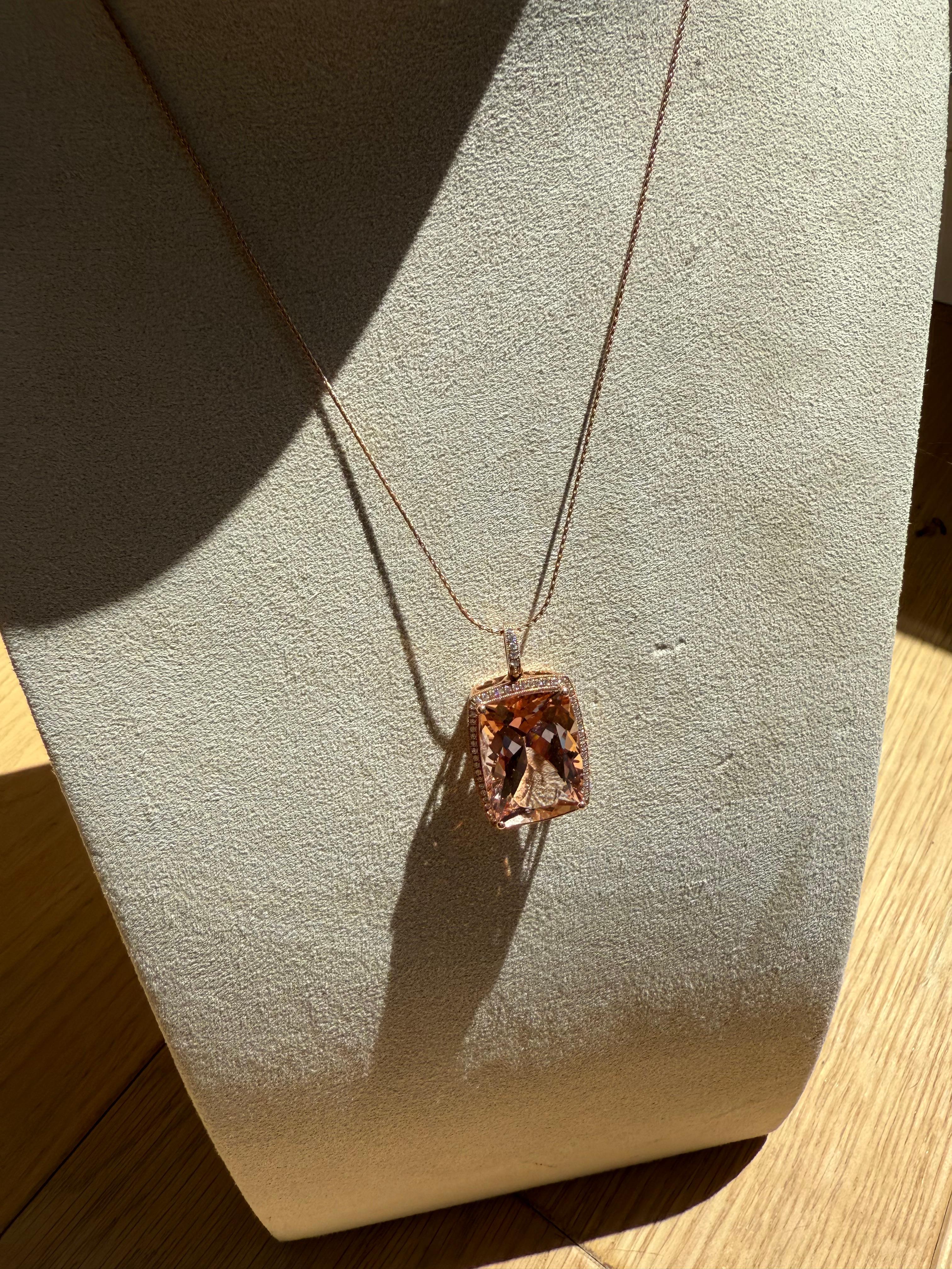Round Cut Large Vintage 14K Rose Gold Morganite and Diamond Pendant with Chain. For Sale