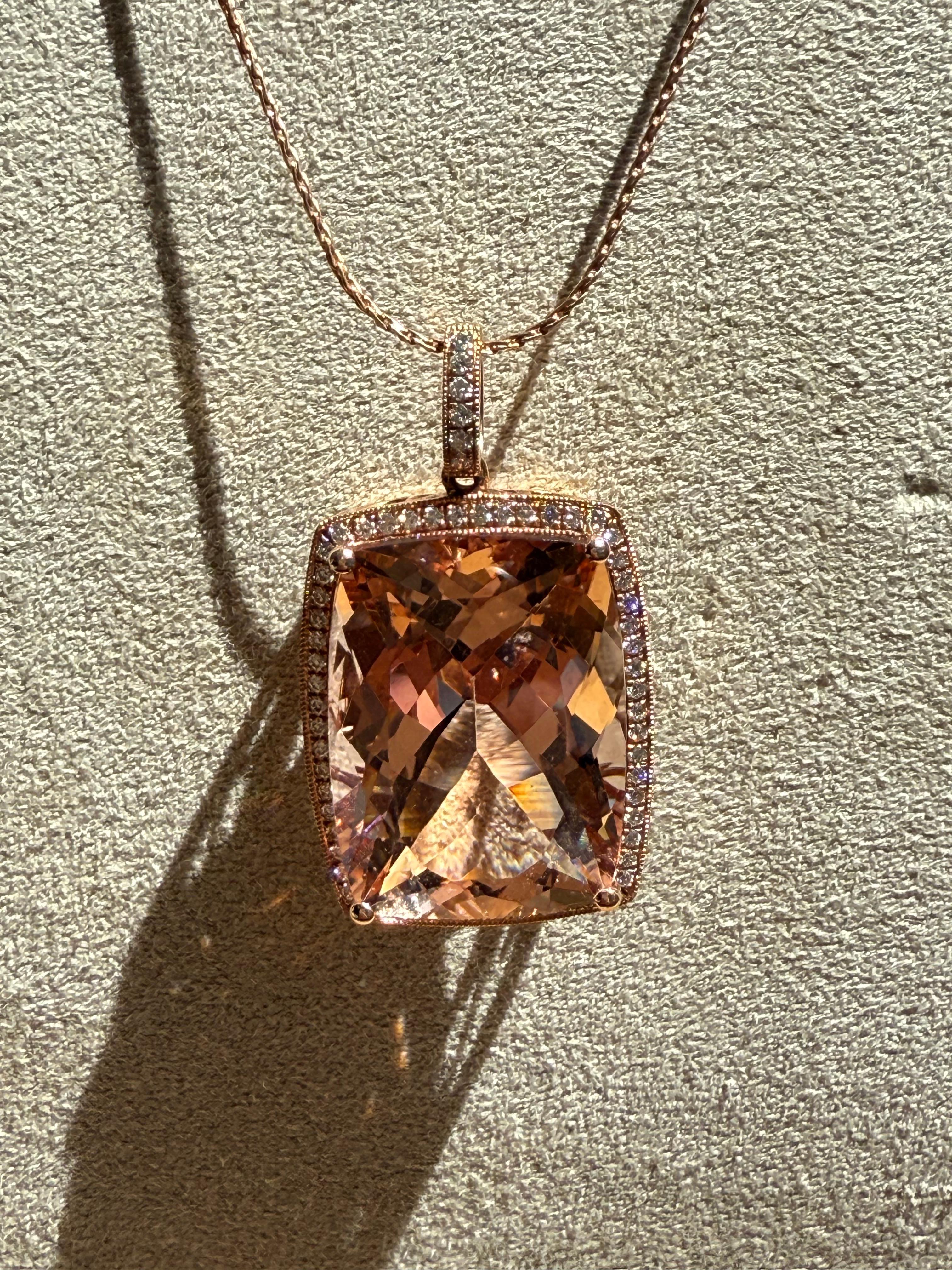 Large Vintage 14K Rose Gold Morganite and Diamond Pendant with Chain. In Good Condition For Sale In San Francisco, CA