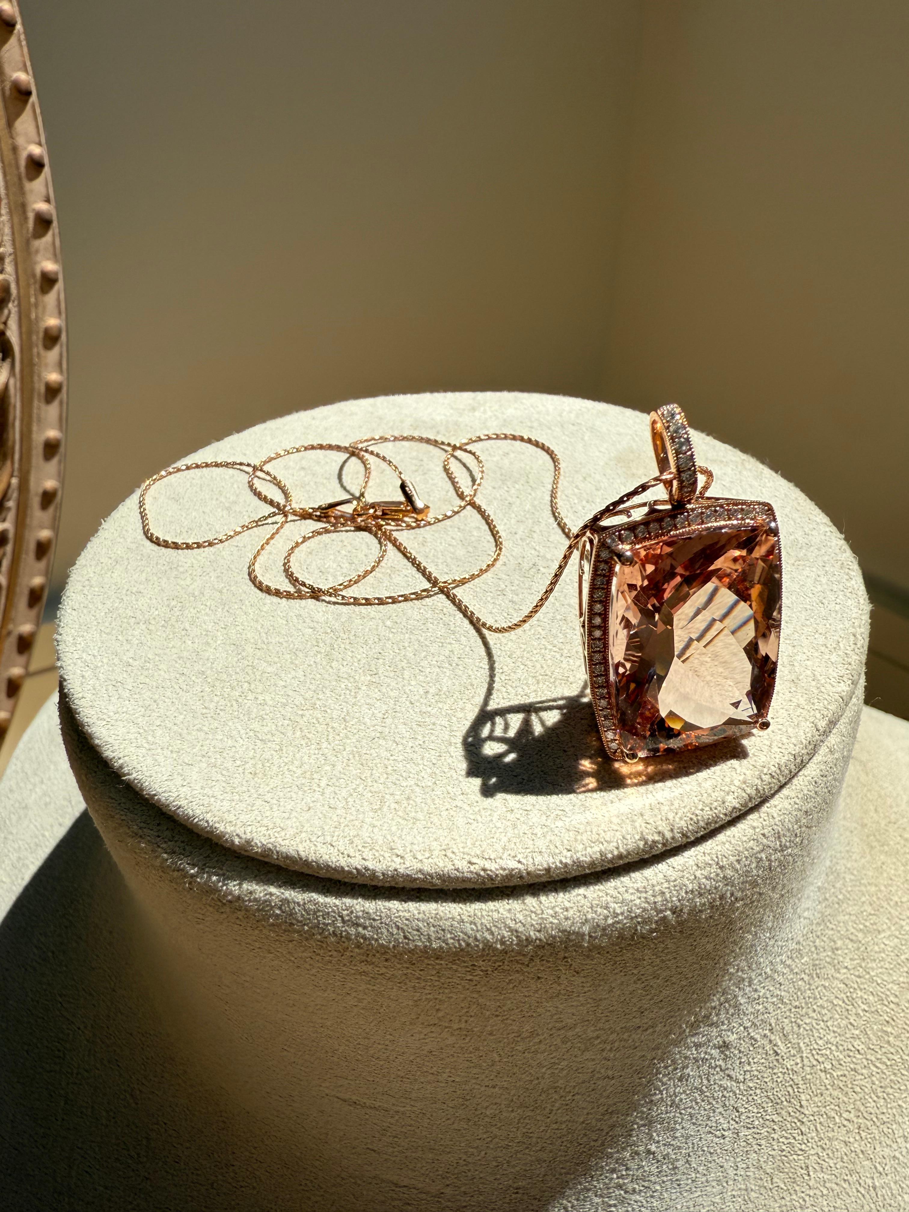 Women's or Men's Large Vintage 14K Rose Gold Morganite and Diamond Pendant with Chain. For Sale
