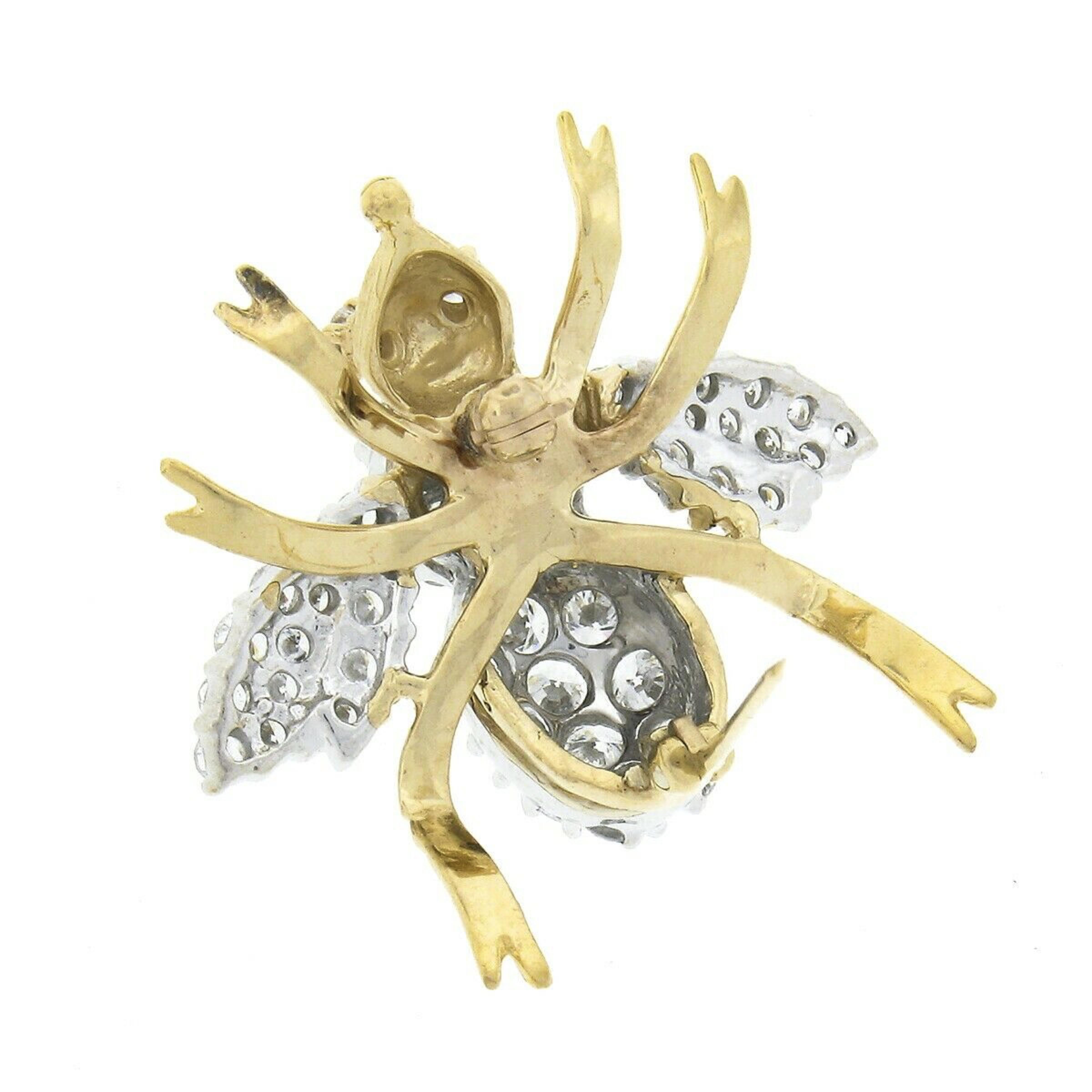 Grande broche vintage en or 14 carats TT recouverte d'un diamant rond de 3,0 carats incrustée d'une tige d'abeille et d'une broche papillon Bon état - En vente à Montclair, NJ
