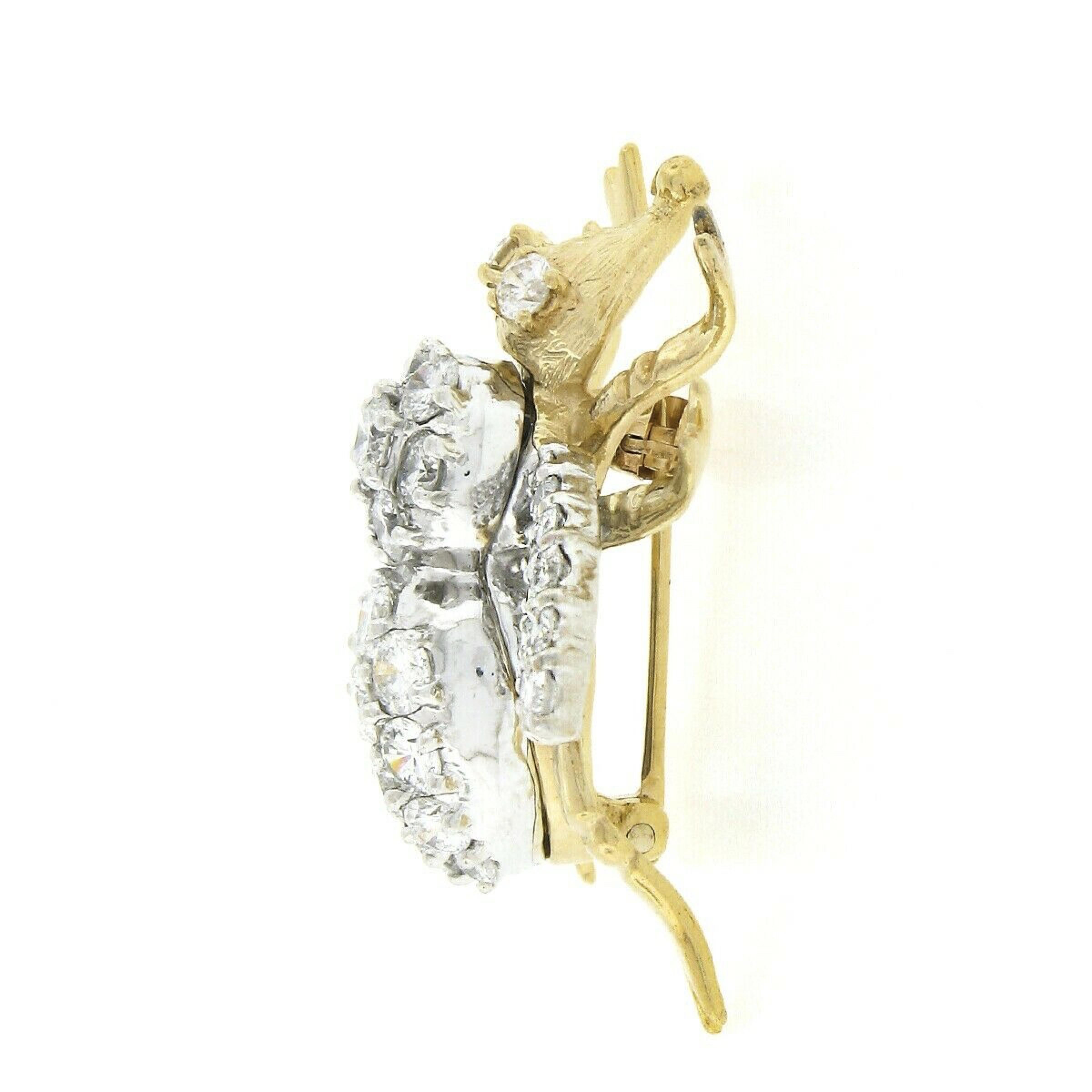 Grande broche vintage en or 14 carats TT recouverte d'un diamant rond de 3,0 carats incrustée d'une tige d'abeille et d'une broche papillon Pour femmes en vente