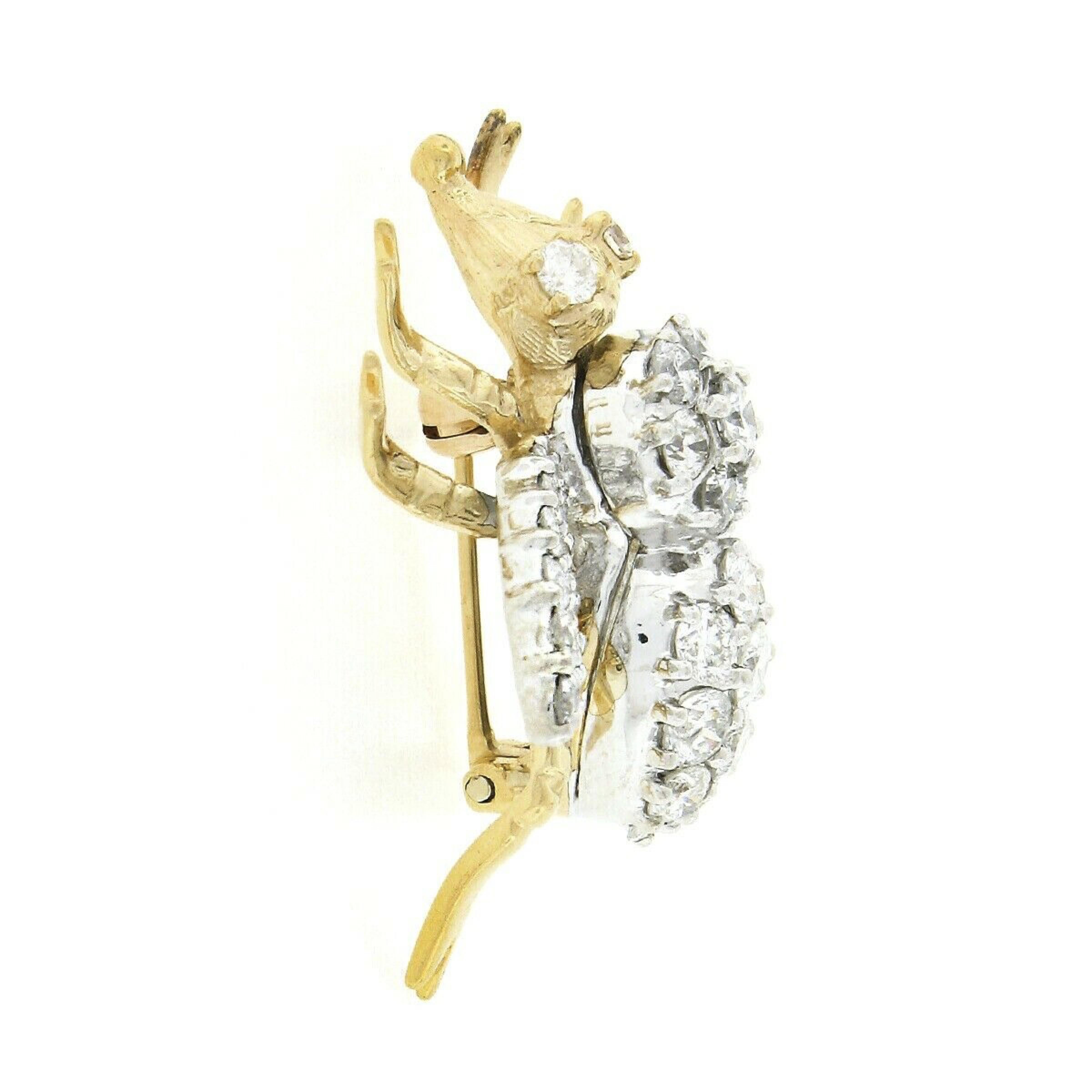 Grande broche vintage en or 14 carats TT recouverte d'un diamant rond de 3,0 carats incrustée d'une tige d'abeille et d'une broche papillon en vente 1