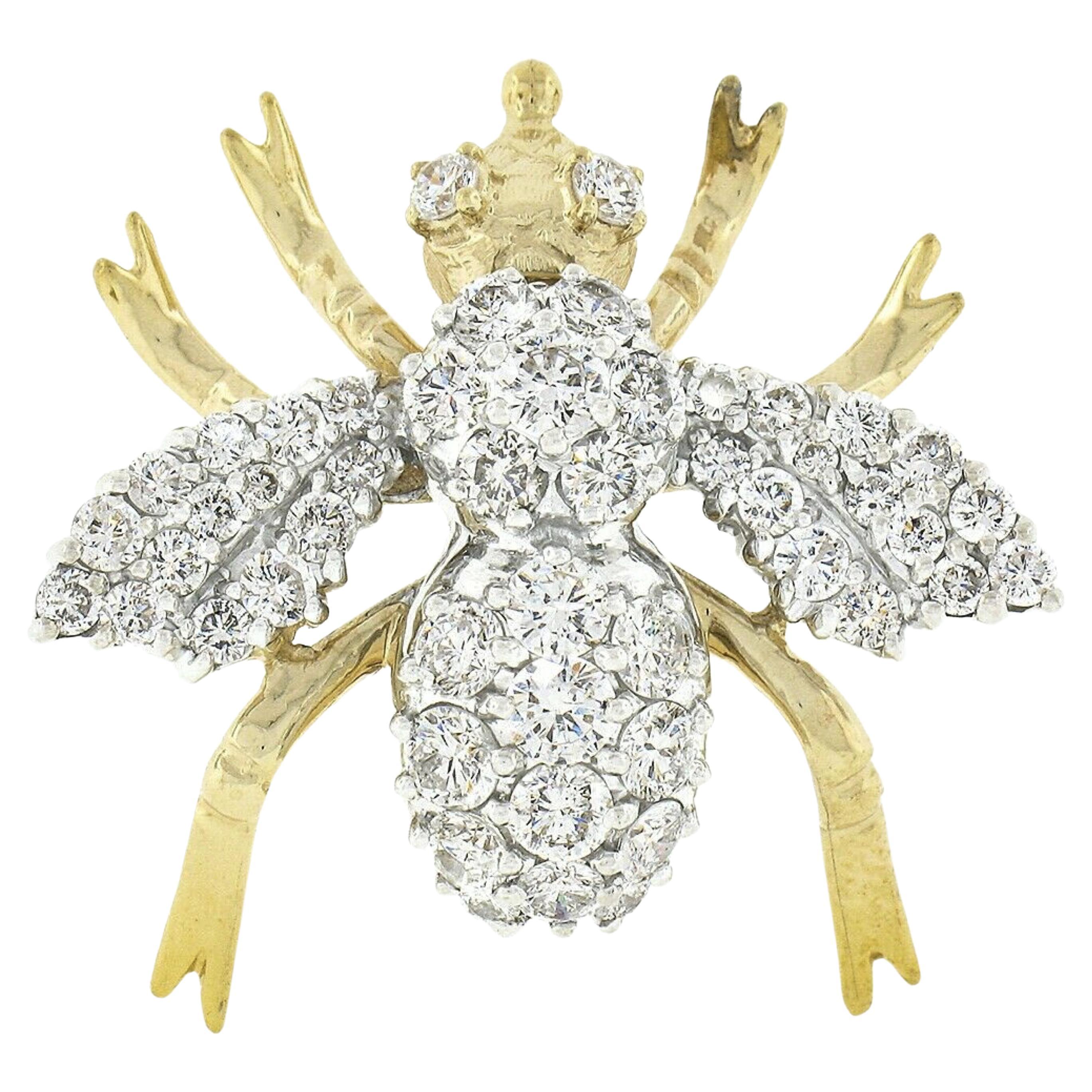 Grande broche vintage en or 14 carats TT recouverte d'un diamant rond de 3,0 carats incrustée d'une tige d'abeille et d'une broche papillon