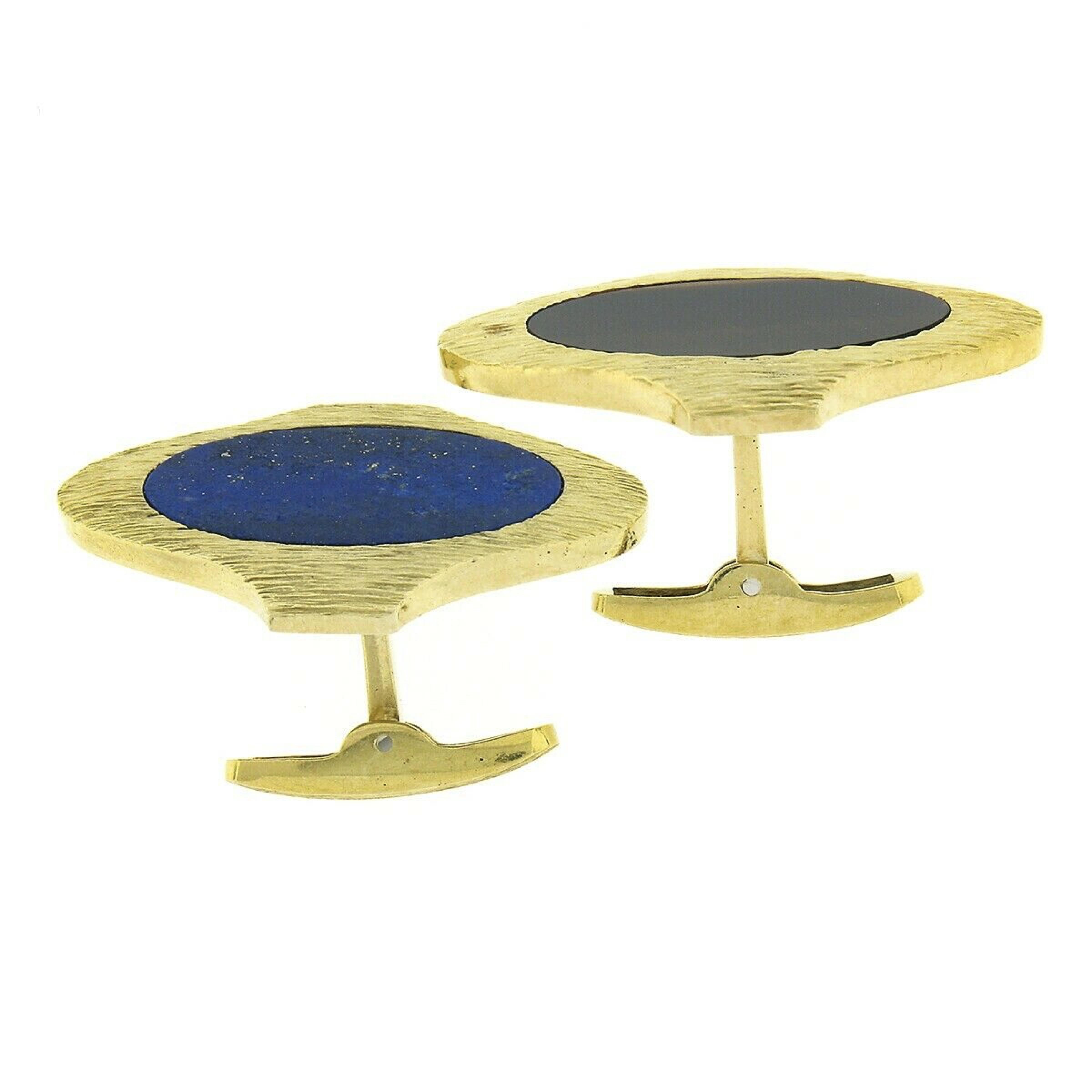 Modernist Large Vintage 14K Yellow Gold Oval Inlaid Tigers Eye & Lapis Textured Cuff Links For Sale