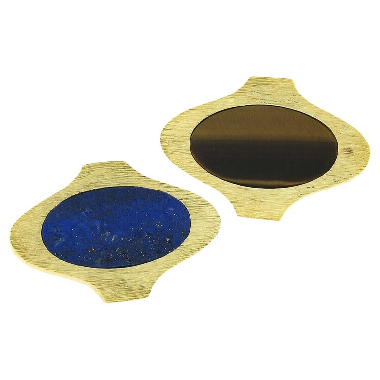 Large Vintage 14K Yellow Gold Oval Inlaid Tigers Eye & Lapis Textured Cuff Links For Sale