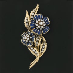 Large Vintage 18k Gold Diamond Plique A Jour Blue Enamel Dual Flower Brooch Pin