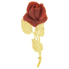 Large Vintage 18k Gold GIA Carved Oxblood Coral Rose Flower Detailed Pin Brooch