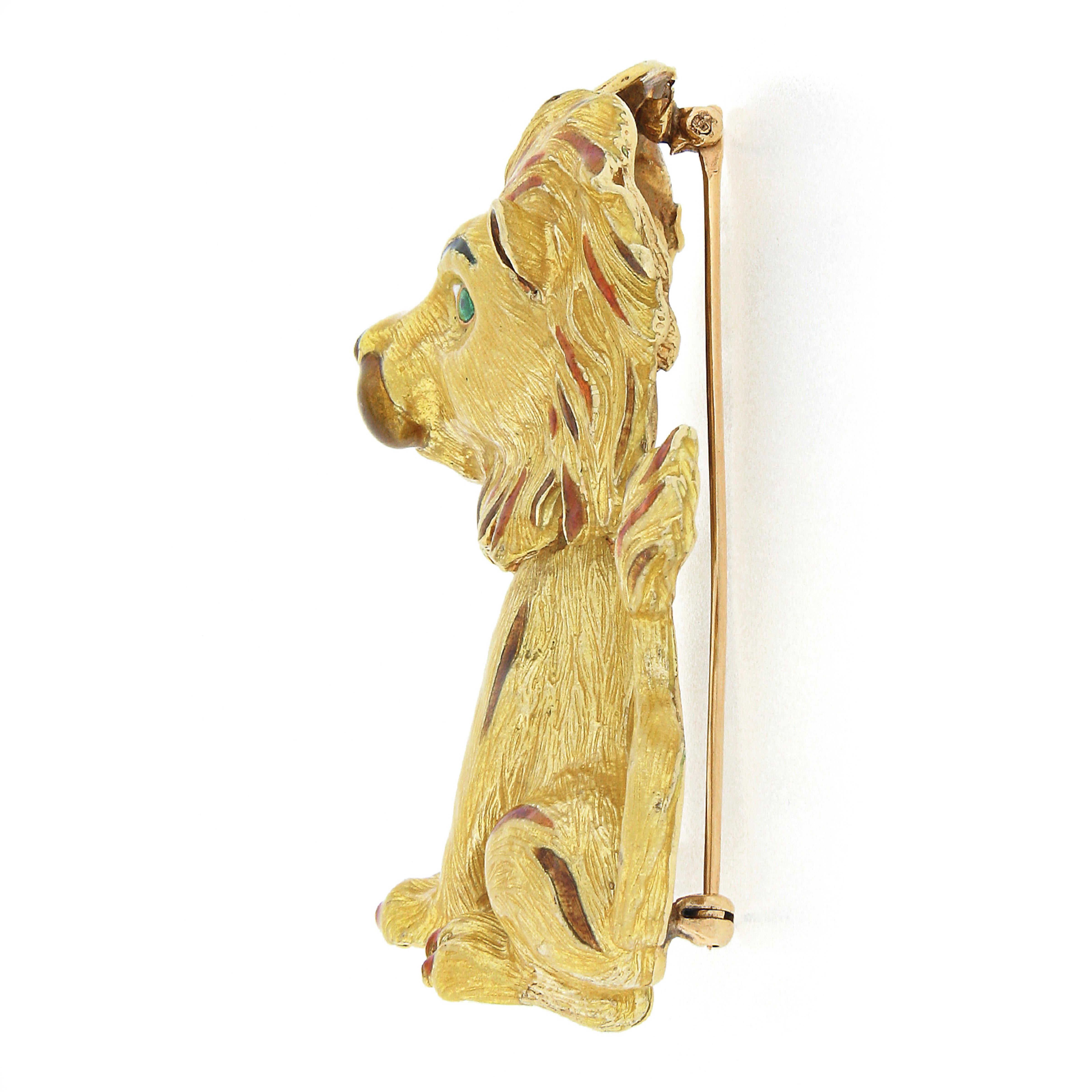 Women's or Men's Large Vintage 18K Gold Multicolor Enamel Detailed Textured Lion Brooch Pin For Sale
