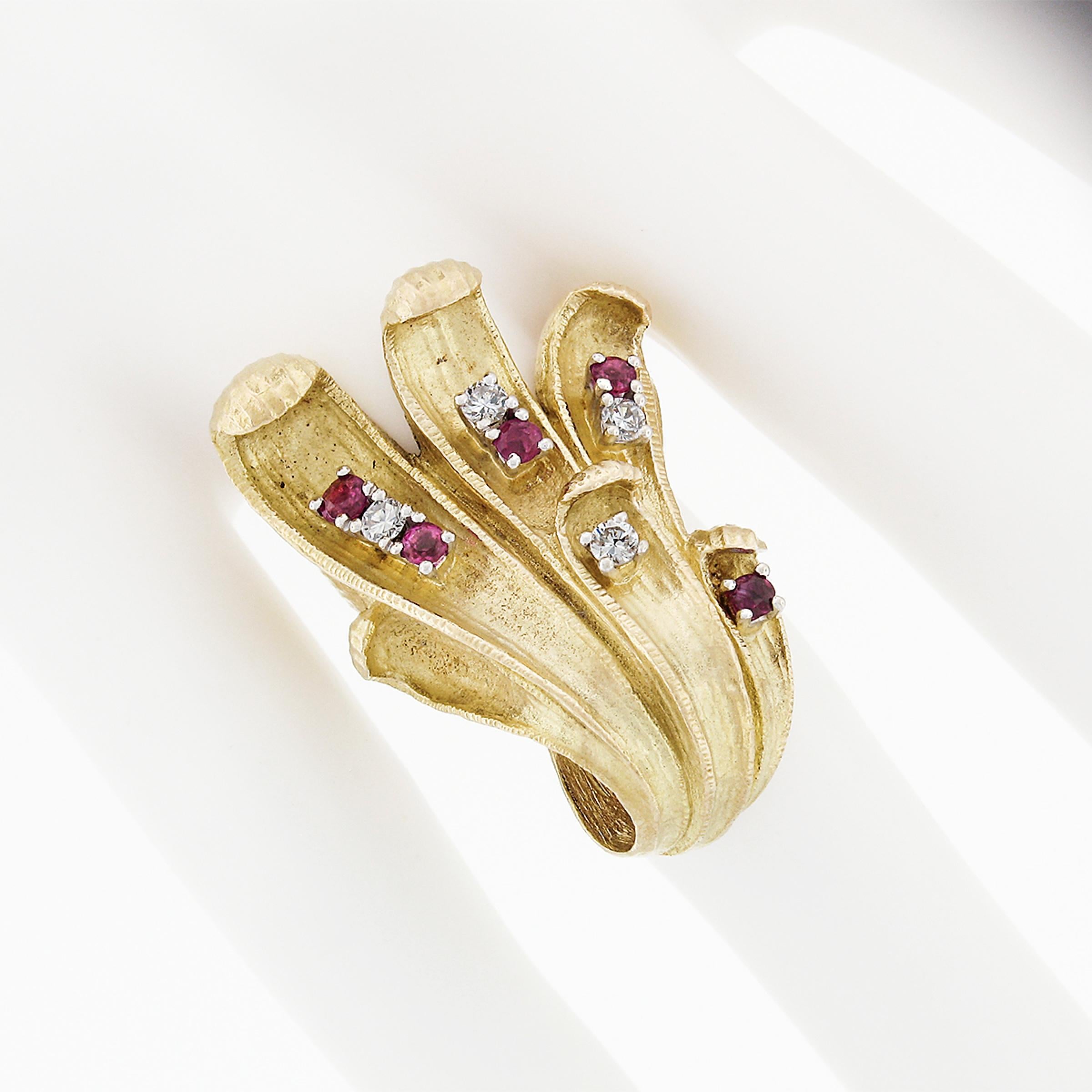 Round Cut Large Vintage 18K Gold Ruby & Diamond Textured Overlap Multi Leaf Cocktail Ring For Sale