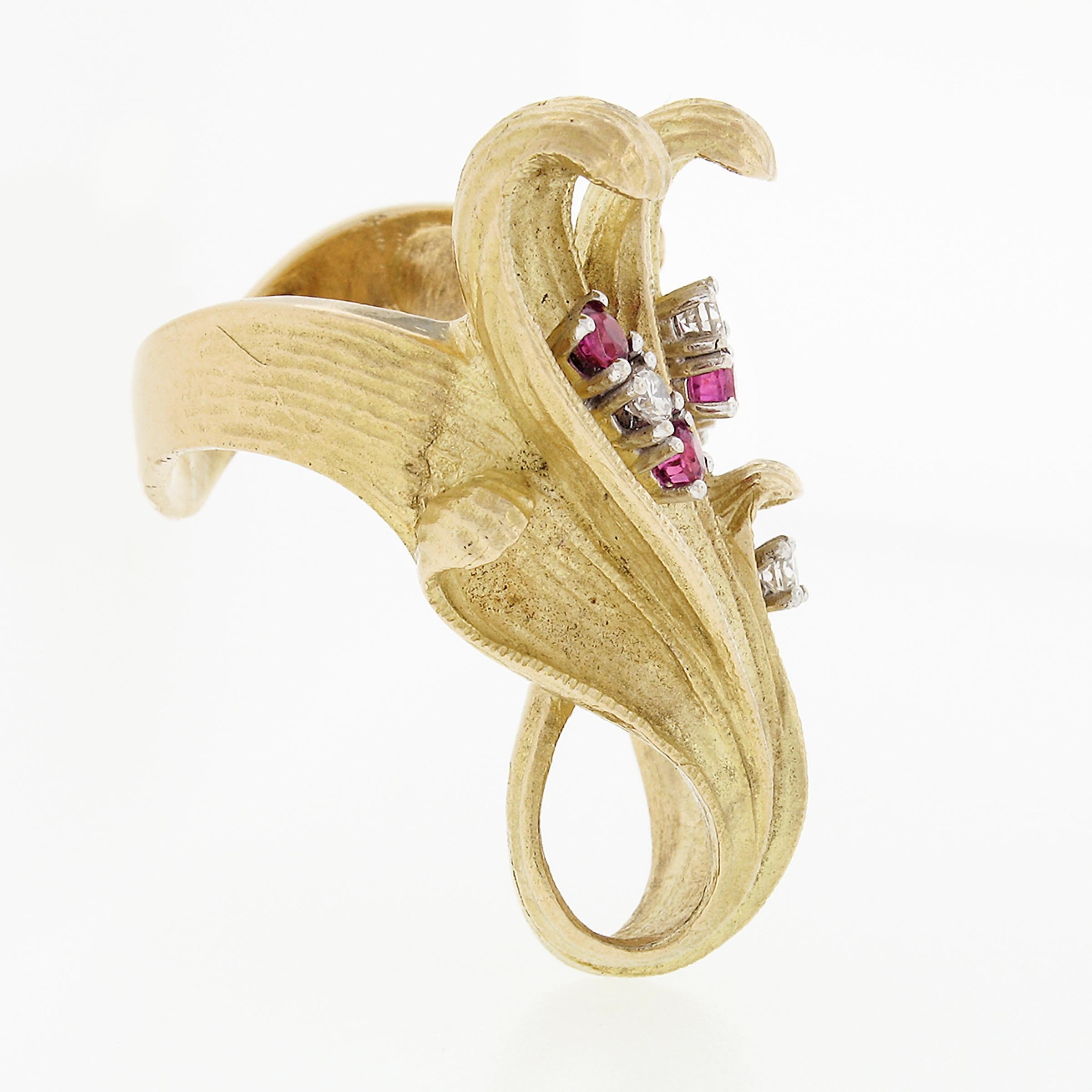Women's Large Vintage 18K Gold Ruby & Diamond Textured Overlap Multi Leaf Cocktail Ring For Sale