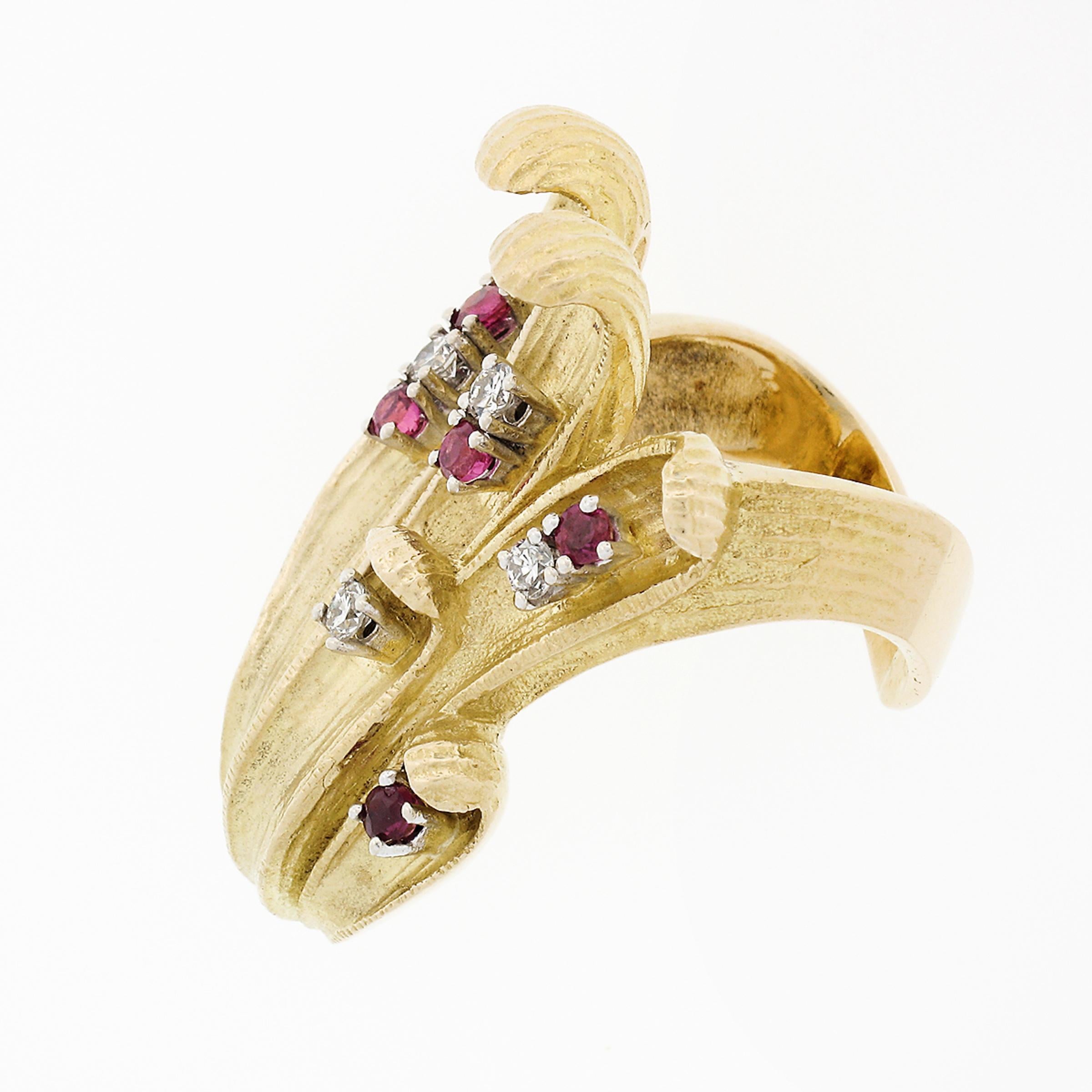 Large Vintage 18K Gold Ruby & Diamond Textured Overlap Multi Leaf Cocktail Ring For Sale 3