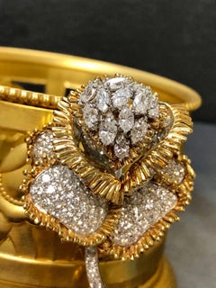 Large Vintage 18K & Platinum Diamond Rose Flower Brooch 13ctw