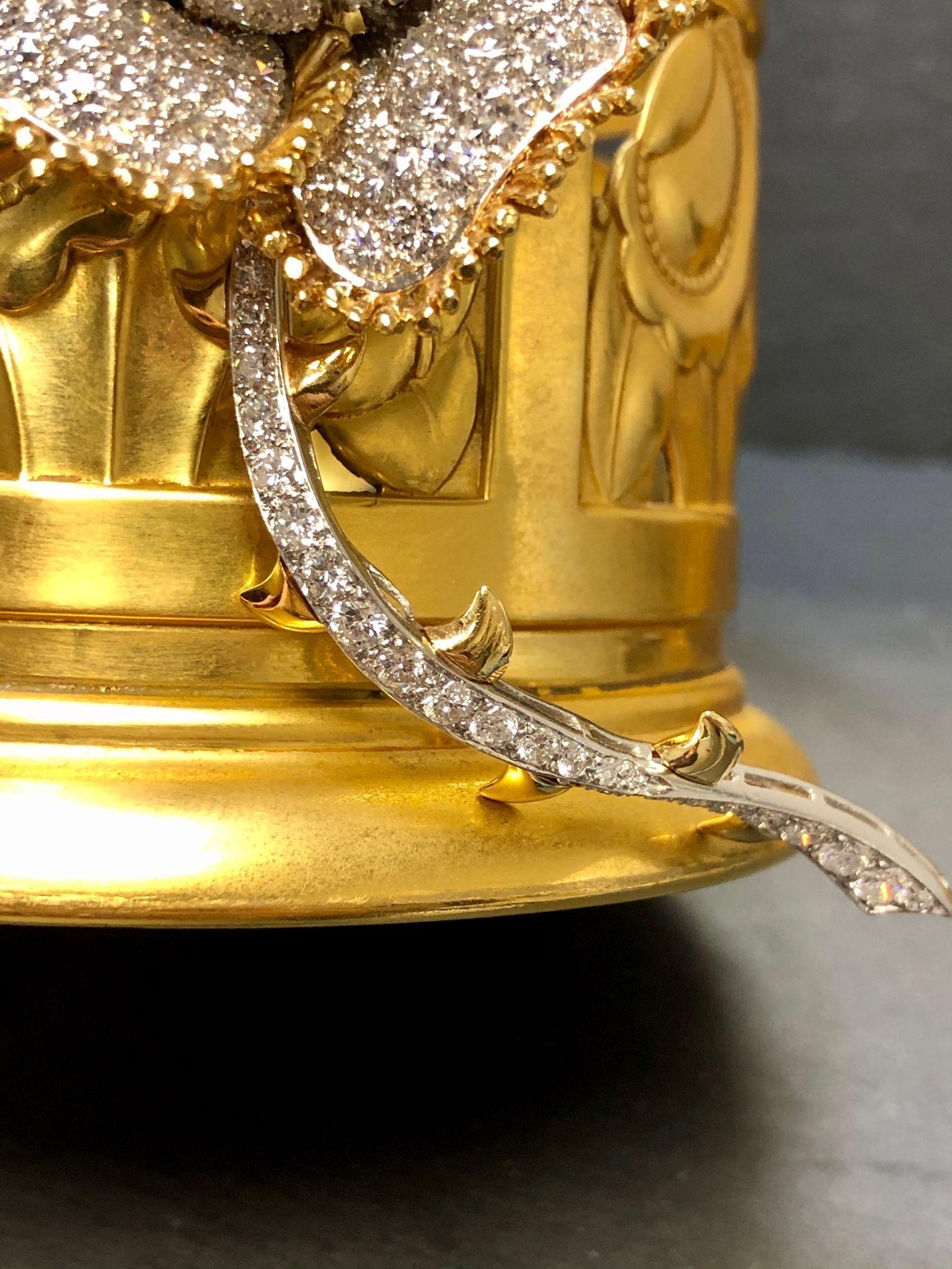 Large Vintage 18K & Platinum Diamond Rose Flower Brooch 13ctw In Good Condition For Sale In Winter Springs, FL
