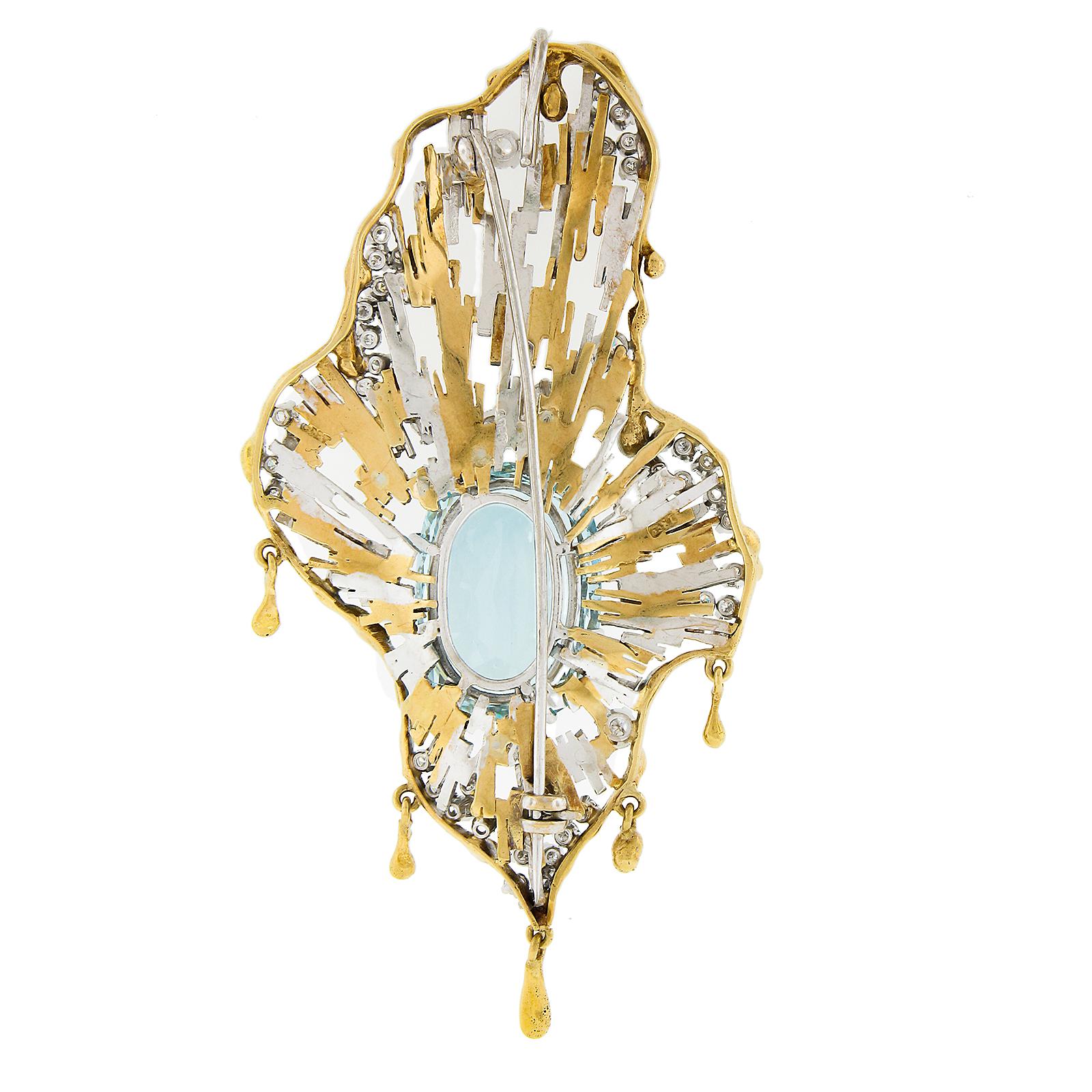 Women's or Men's Large Vintage 18k Two Tone Gold 26ctw GIA Aquamarine Diamond Hand Made Brooch For Sale