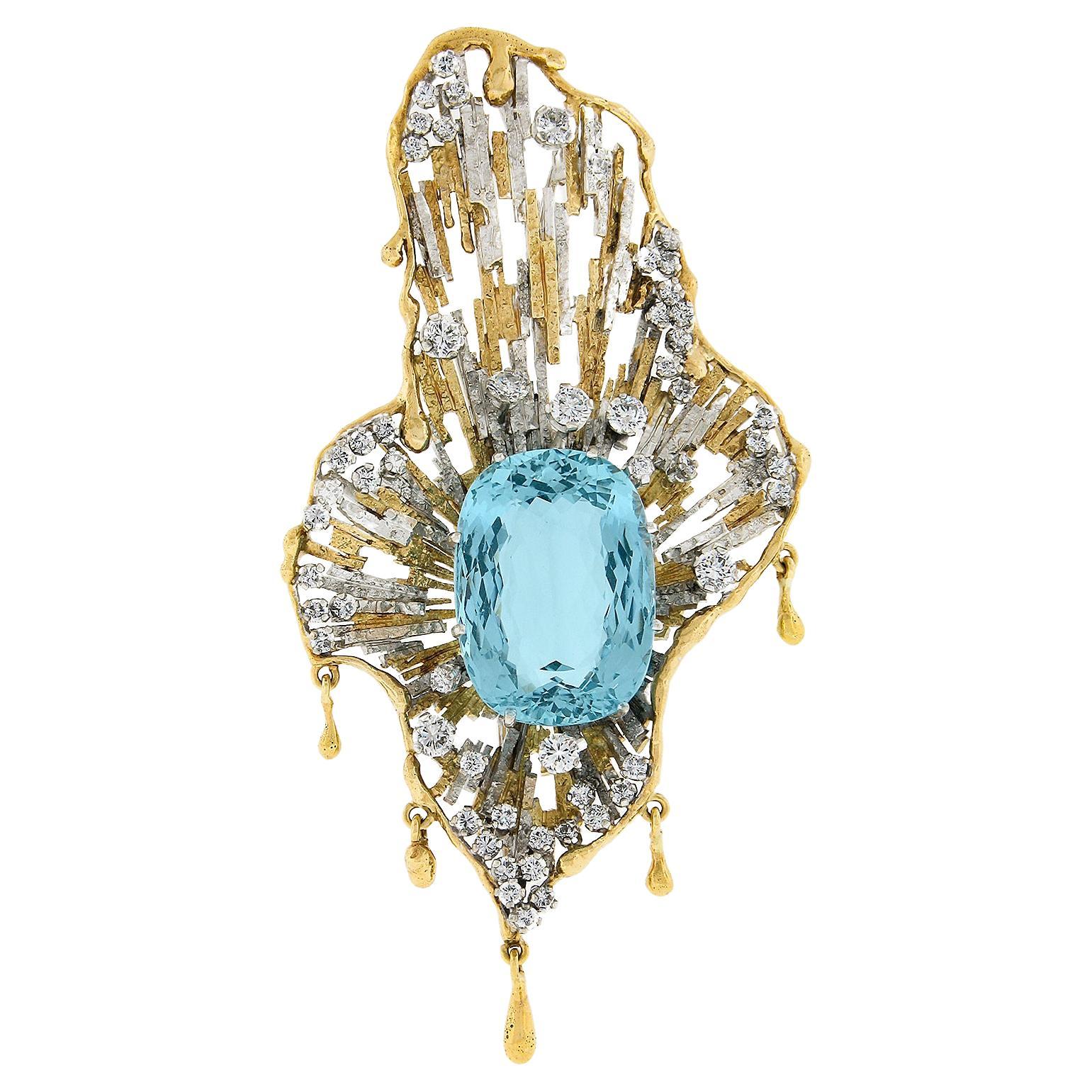 Large Vintage 18k Two Tone Gold 26ctw GIA Aquamarine Diamond Hand Made Brooch For Sale