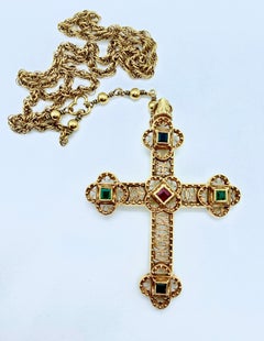 Large Vintage 18k Yellow Gold Cross Necklace with Emeralds, Sapphires & Rubies