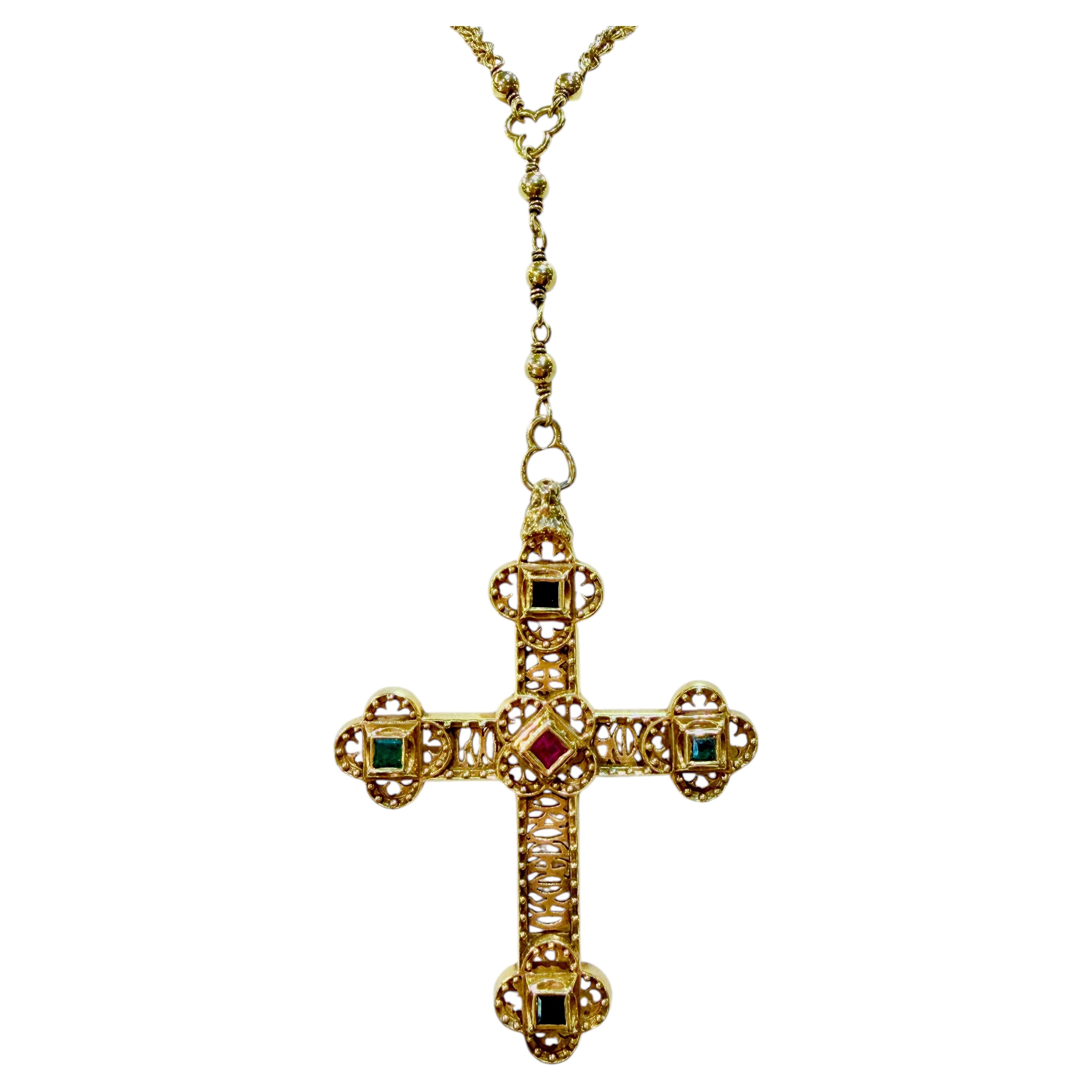 Large Vintage 18k Yellow Gold Cross Necklace with Emeralds, Sapphires & Rubies For Sale