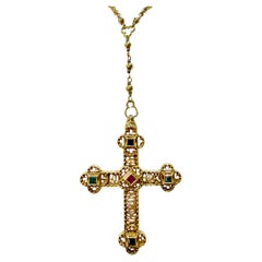 Large Vintage 18k Yellow Gold Cross Necklace with Emeralds, Sapphires & Rubies