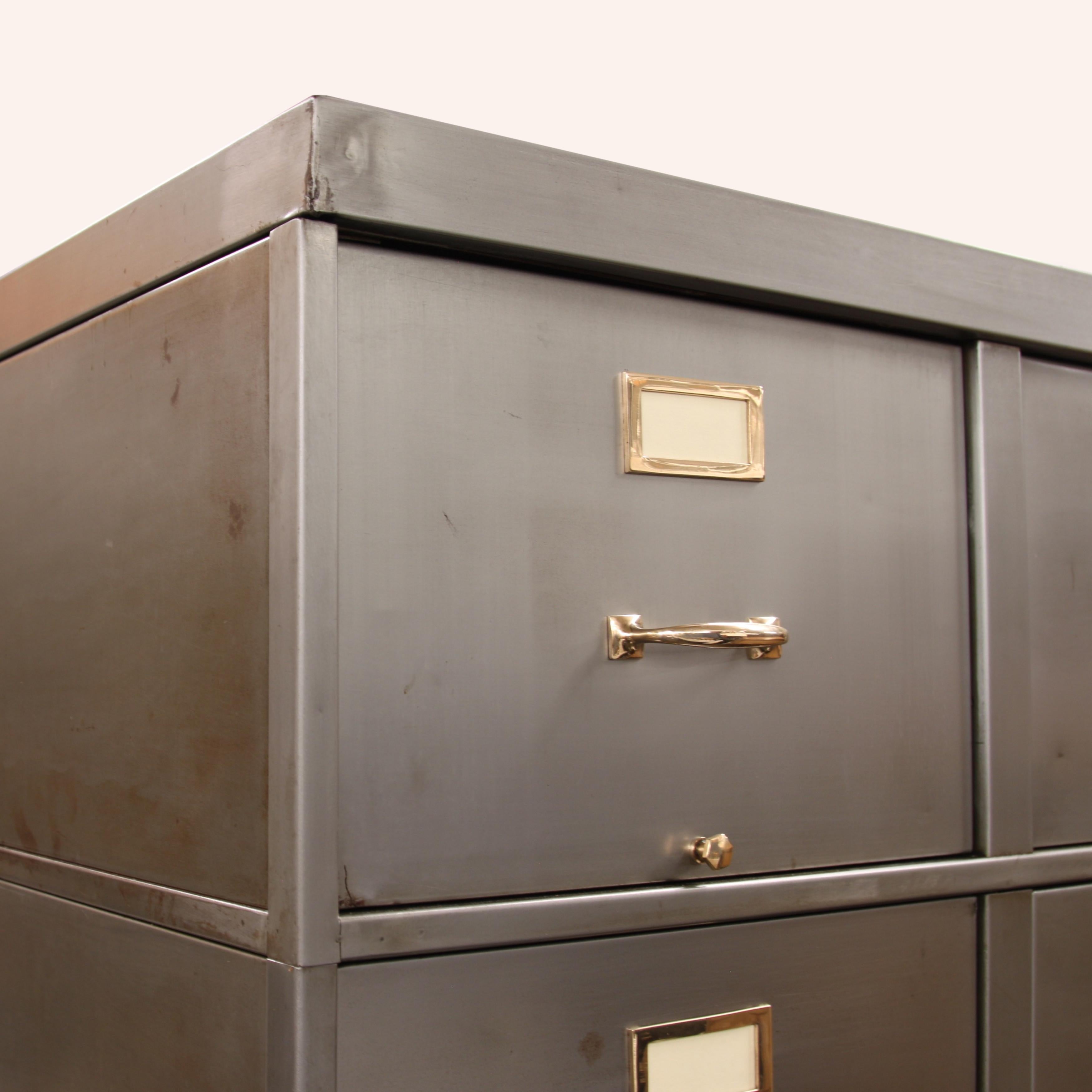 American Large Vintage 1940s Steel & Brass Industrial Metal File Cabinet with Flat File