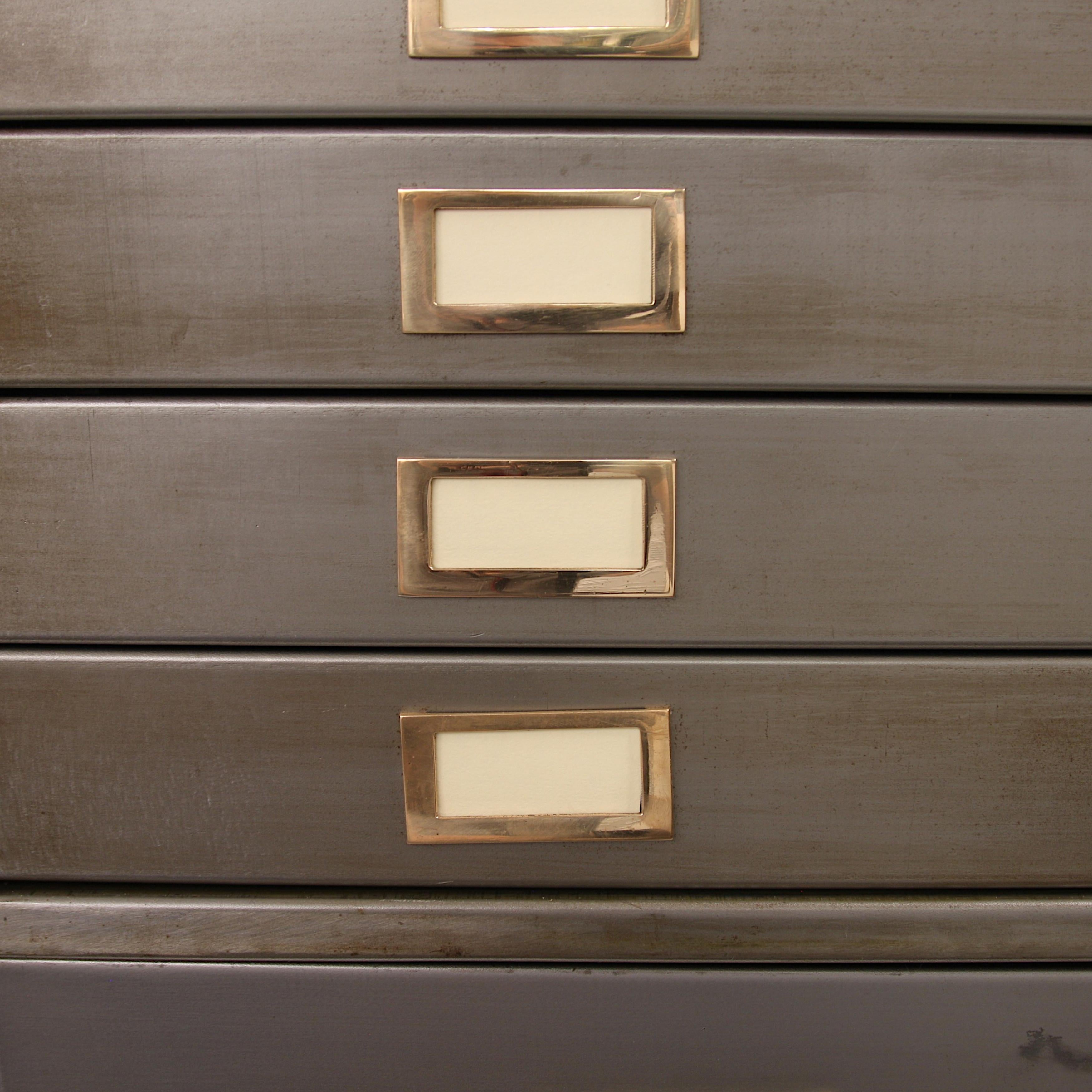 Mid-20th Century Large Vintage 1940s Steel & Brass Industrial Metal File Cabinet with Flat File