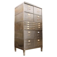 Large Vintage 1940s Steel & Brass Industrial Metal File Cabinet with Flat File