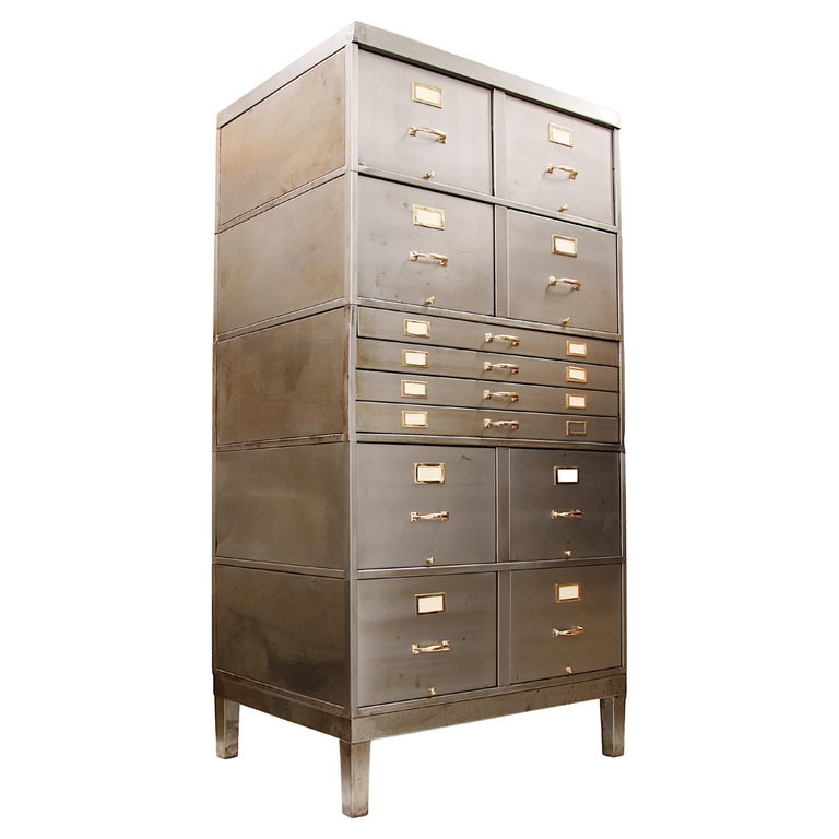 Large Vintage 1940s Steel and Brass Industrial Metal File Cabinet with Flat  File at 1stDibs